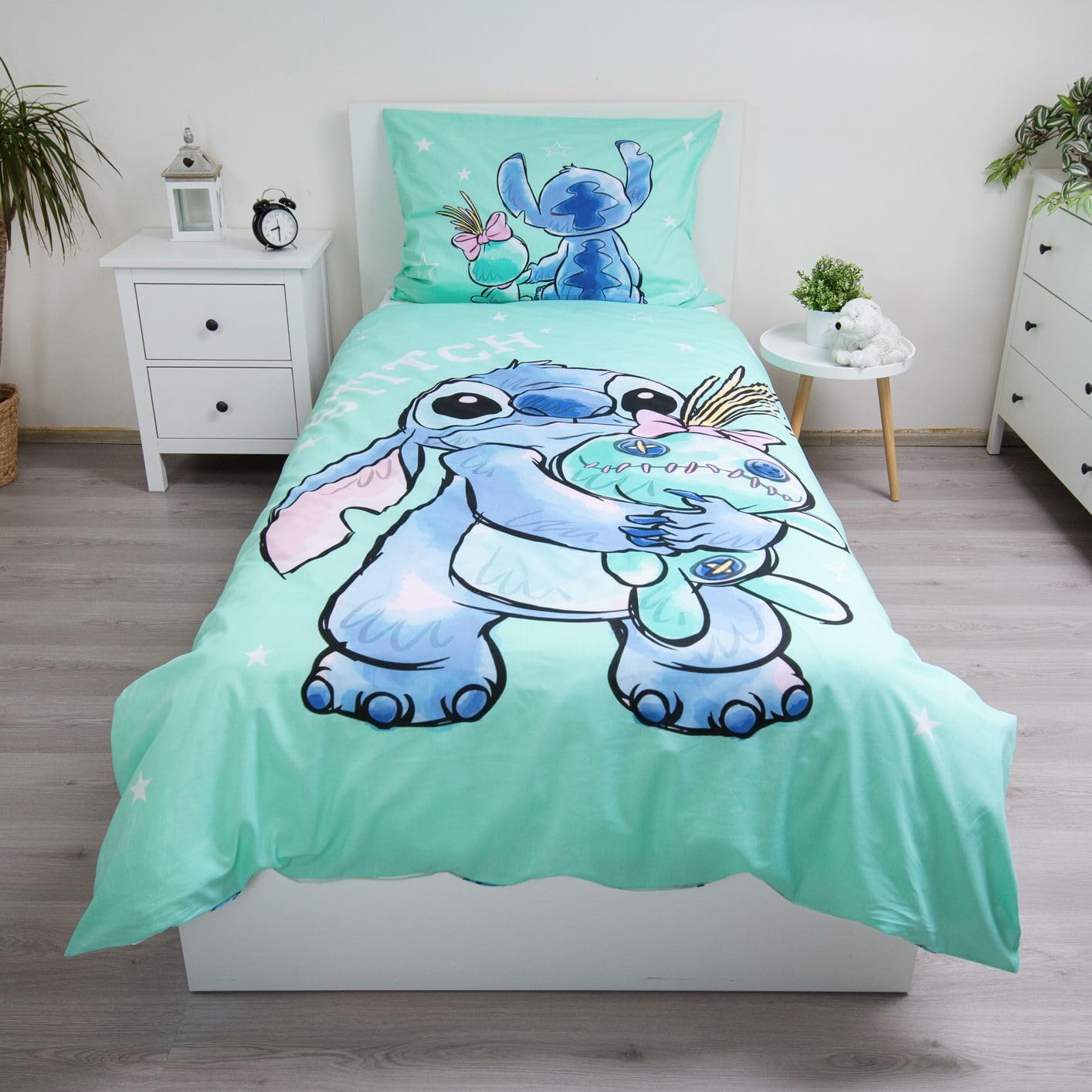 Stitch Buddies Pościel 140x200 + Poszewka 100% Bawełna Pokój Dziewczynki | Odwracalna pościel jednoosobowa | Bawełna naturalna oddychająca Oeko-Tex | Lilo & Stitch | Nastolatki | Do prania w pralce