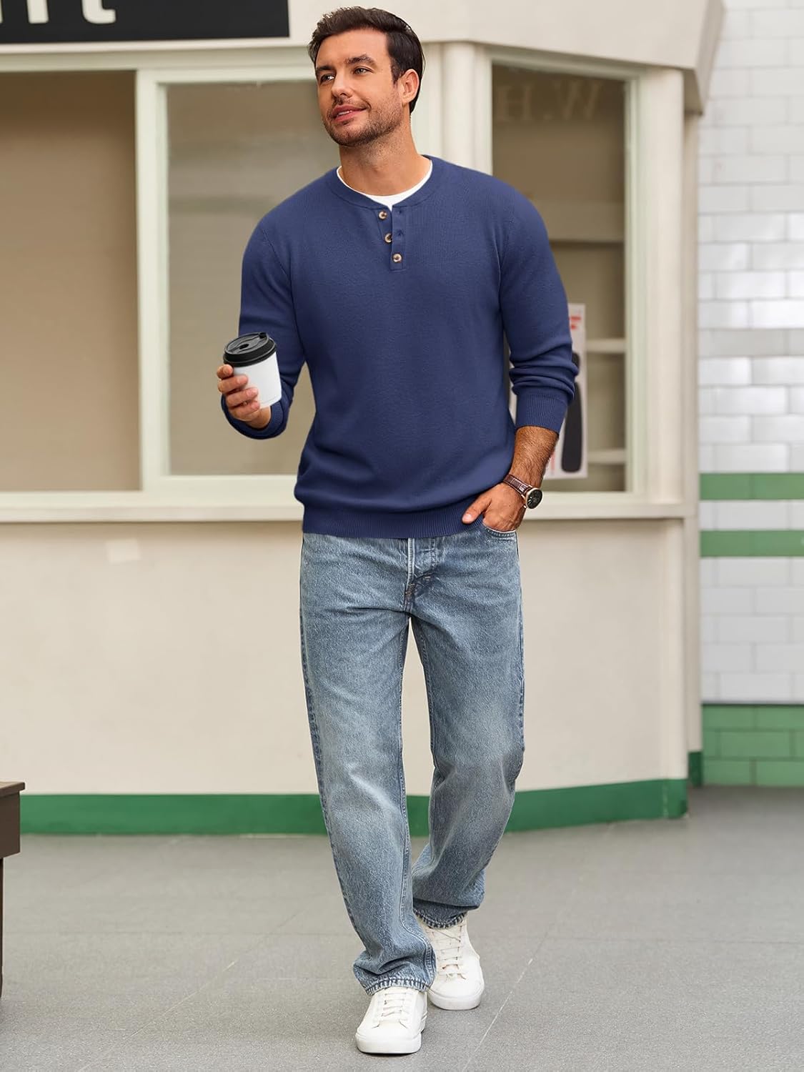 Runcati Mens Henley Knit Sweater Long Sleeve Quarter Button Pullover Sweaters Casual Fall Tops - Image 4