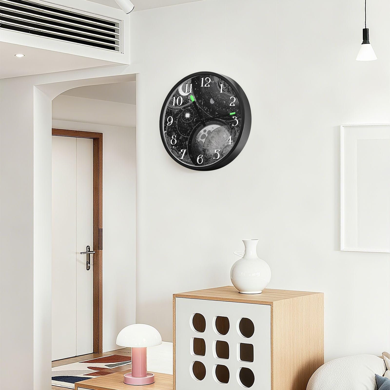 Mnsruu Reloj de pared con diseño de luna y tierra, astrología, luminoso, funciona con pilas, silencioso, brilla en la oscuridad, para sala de estar, cocina, 12 pulgadas