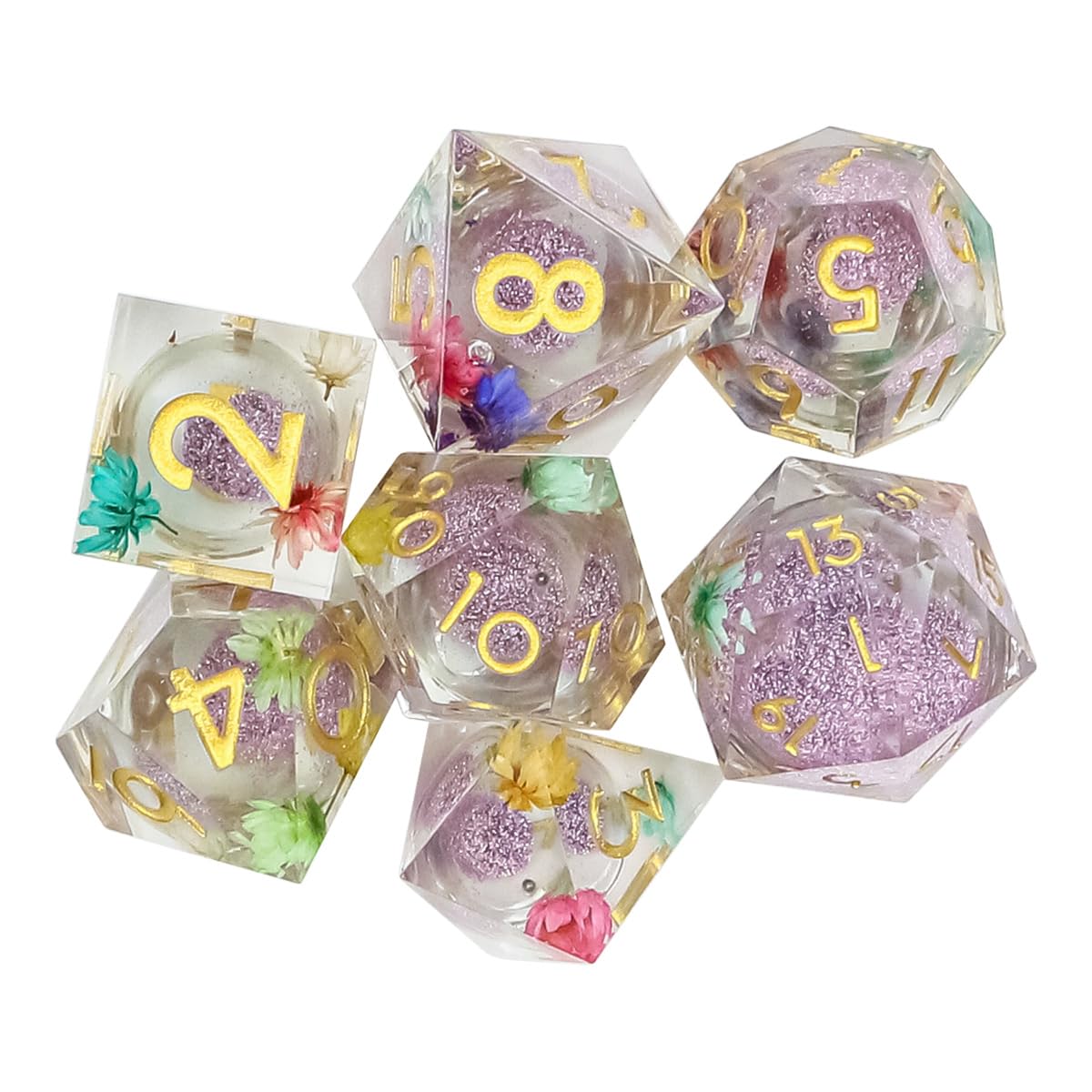 Sarini 7-teiliges Würfelset mit Flüssigkern und Kunstharz,scharfe Kanten,polyedrische DND-Würfel für Dungeons and Dragons,RPG,MTG-Tischspiele (lila Blume)