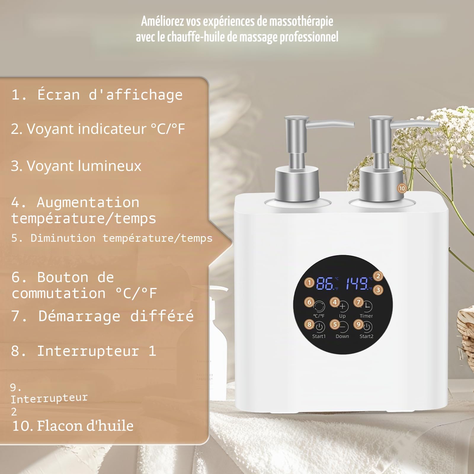 Chauffe-huile de massage pour spa, chauffage d'huiles corporelles avec distributeur de 4 bouteilles, chauffage numérique professionnel pour salon de maison, température constante réglable