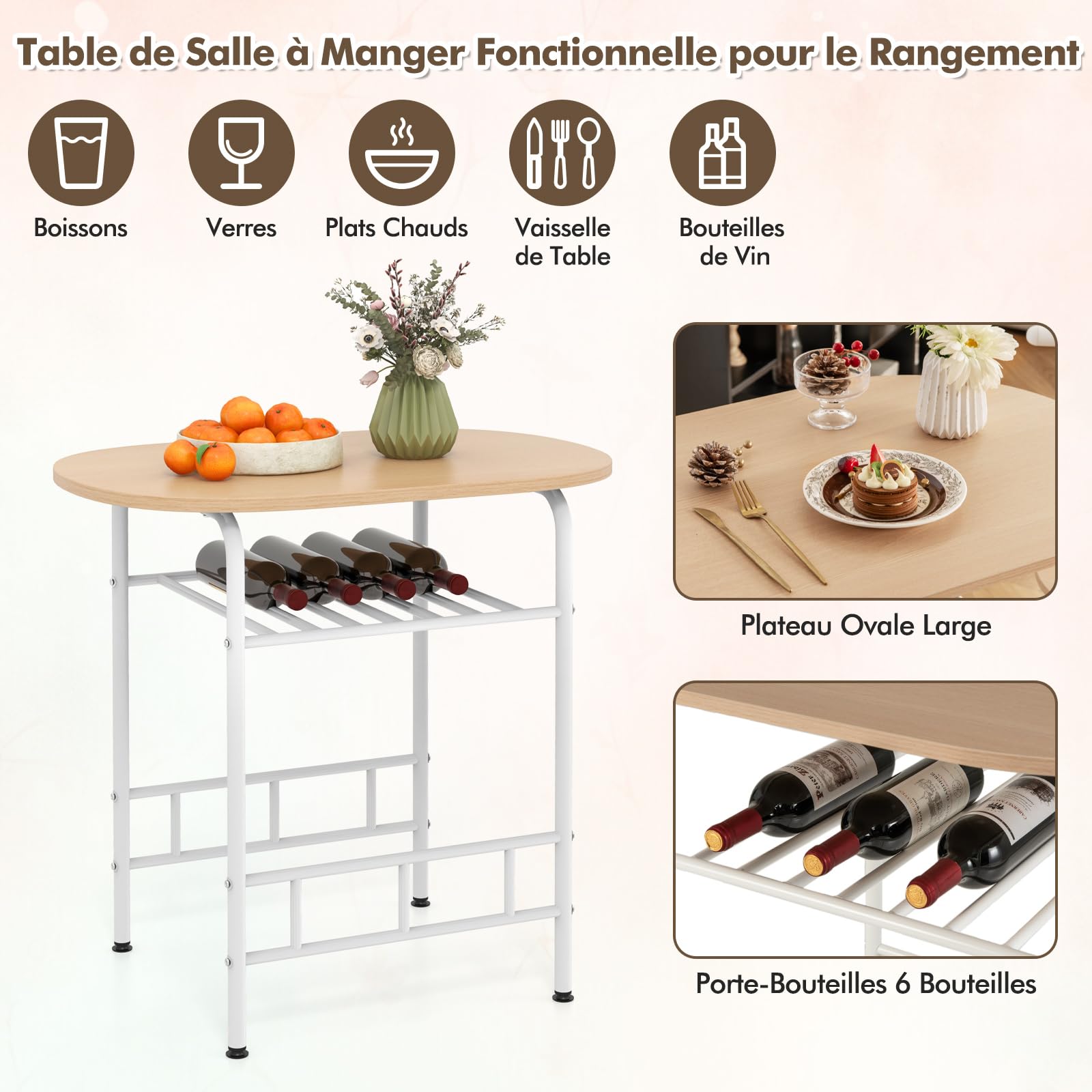 COSTWAY Table de Cuisine avec Chaise pour 2 Personnes, Table Cuisine Petit Espace avec Porte-Bouteilles, Table à Manger Ronde Cadre en Métal pour Bistro, Jardin, Balcon (Naturel)