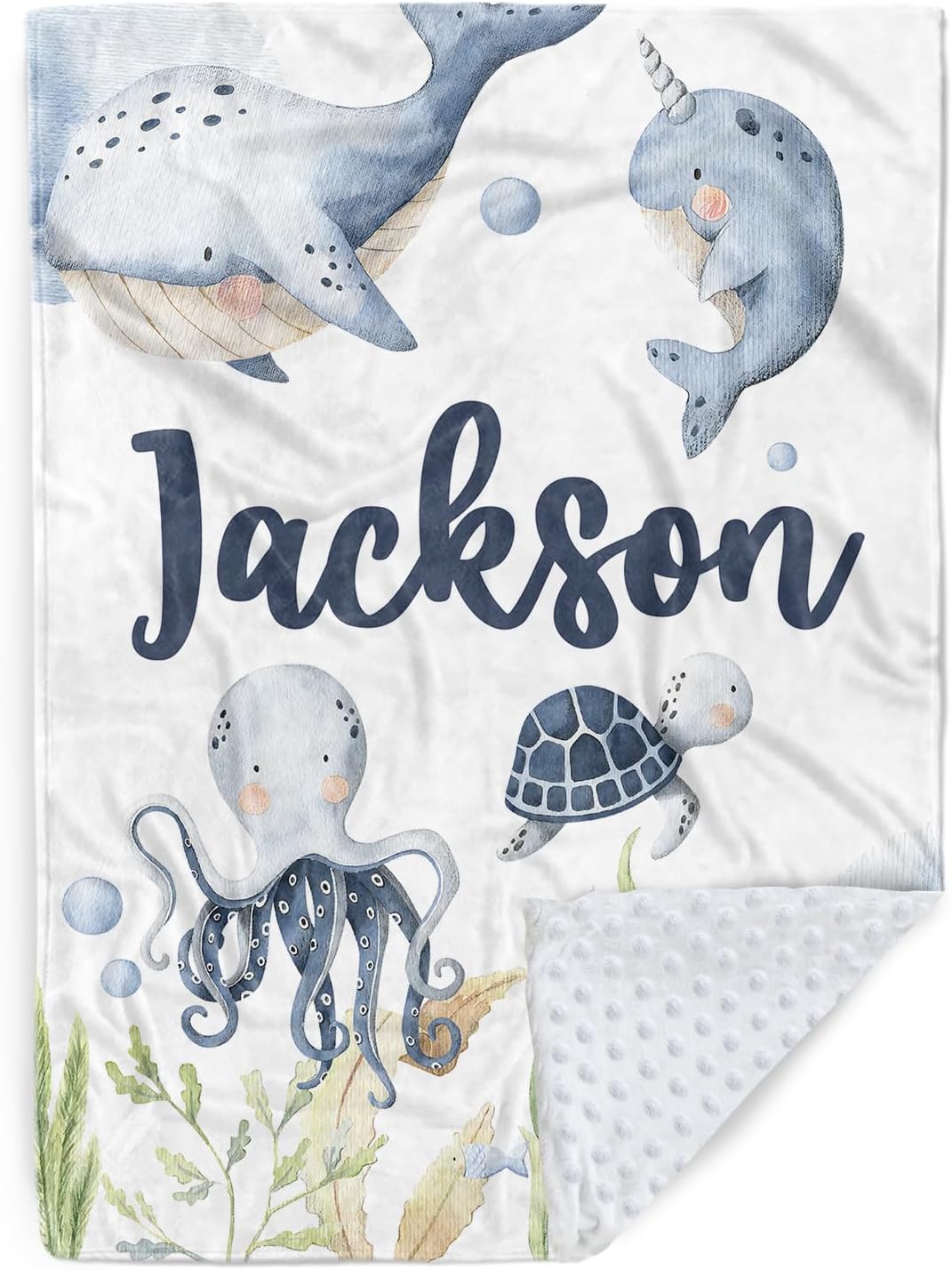 Personalized Baby Blanket for Boys, Custom Baby Blanket with Name, Soft Flannel with Double Layer Dotted Backing, Receiving Swaddle Blanket Suitable for Infants and Toddler, Ocean Animals(30”x40)