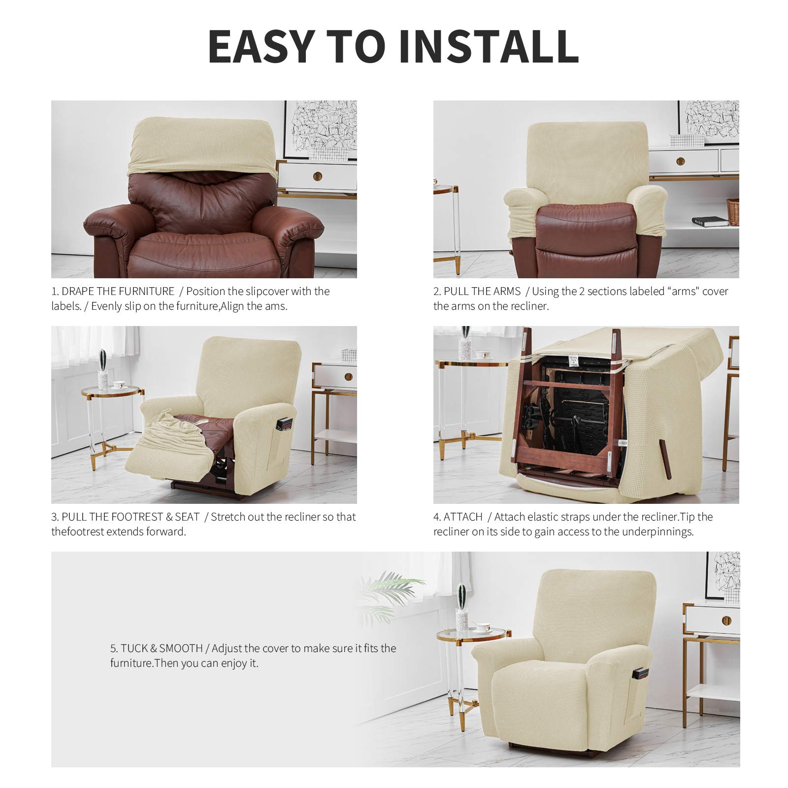ele ELEOPTION Recliner pokrowiec na sofę, rozciągliwy pokrowiec na fotel wypoczynkowy, spandex, żakard, 4-częściowy pokrowiec na fotel relaksacyjny, pokrowiec na fotel relaksacyjny, fotel do masażu (beżowy)