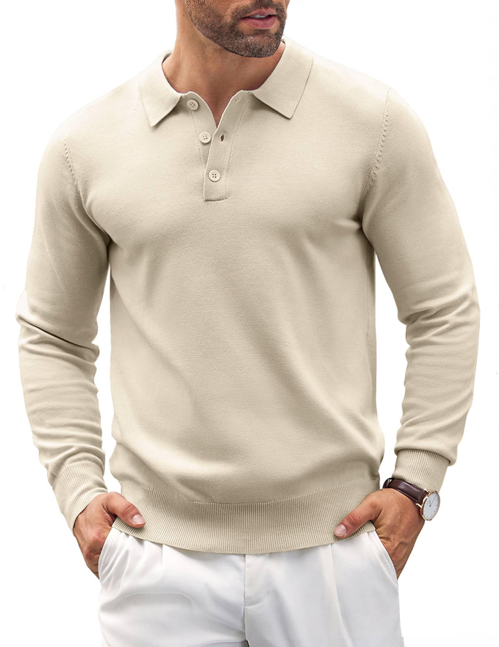 COOFANDY Herren Polo Pullover Langarm Strickpullover Mit Polokragen Basic Poloshirt Pulli Einfarbig Sweater