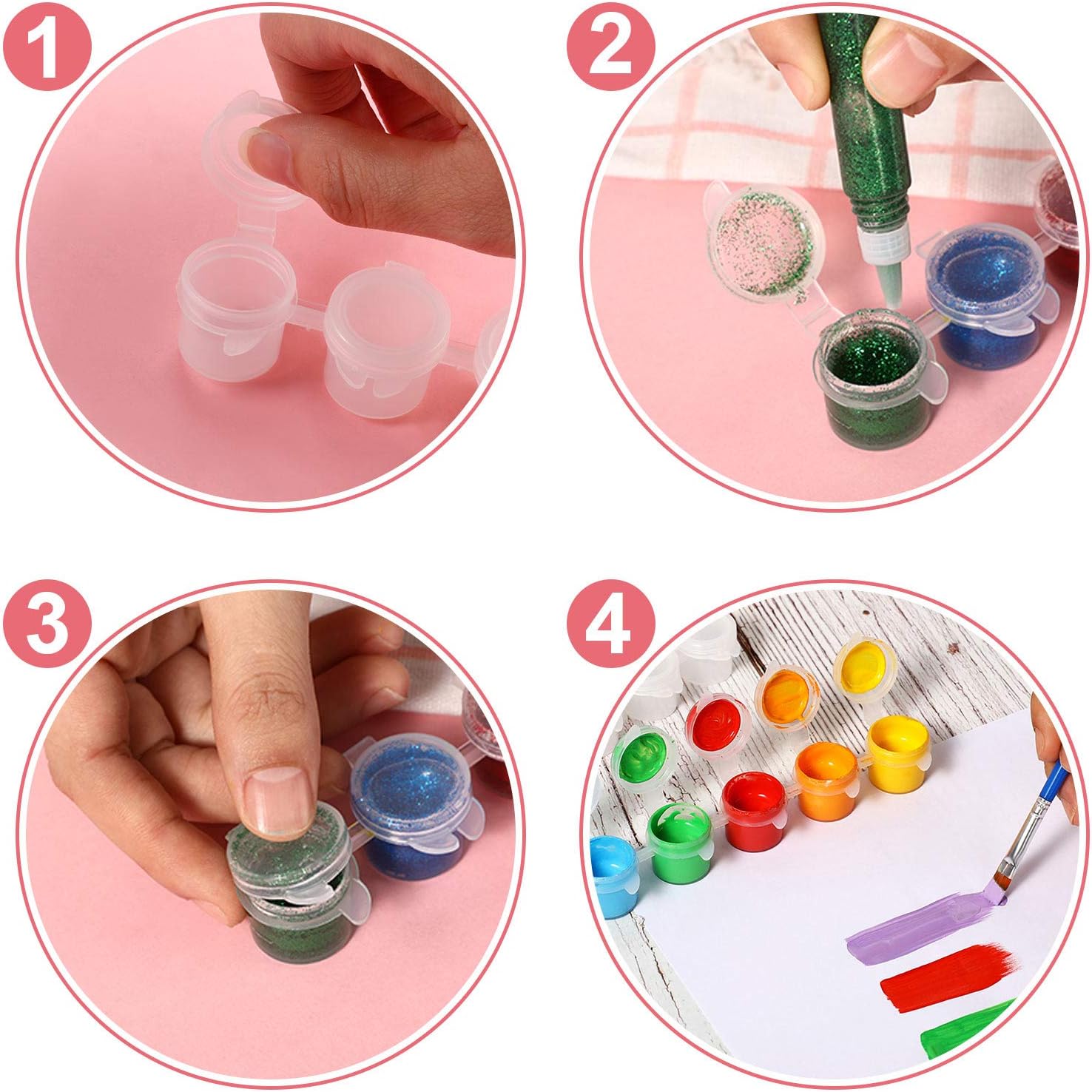 150 Strips 900 Pots Empty Paint Strips Paint Cup Pots Mini Strips Clear Plastic Storage Containers with Lids Art Painting Craft Supplies for Classrooms Schools Paintings Art Festivals (3 ml)