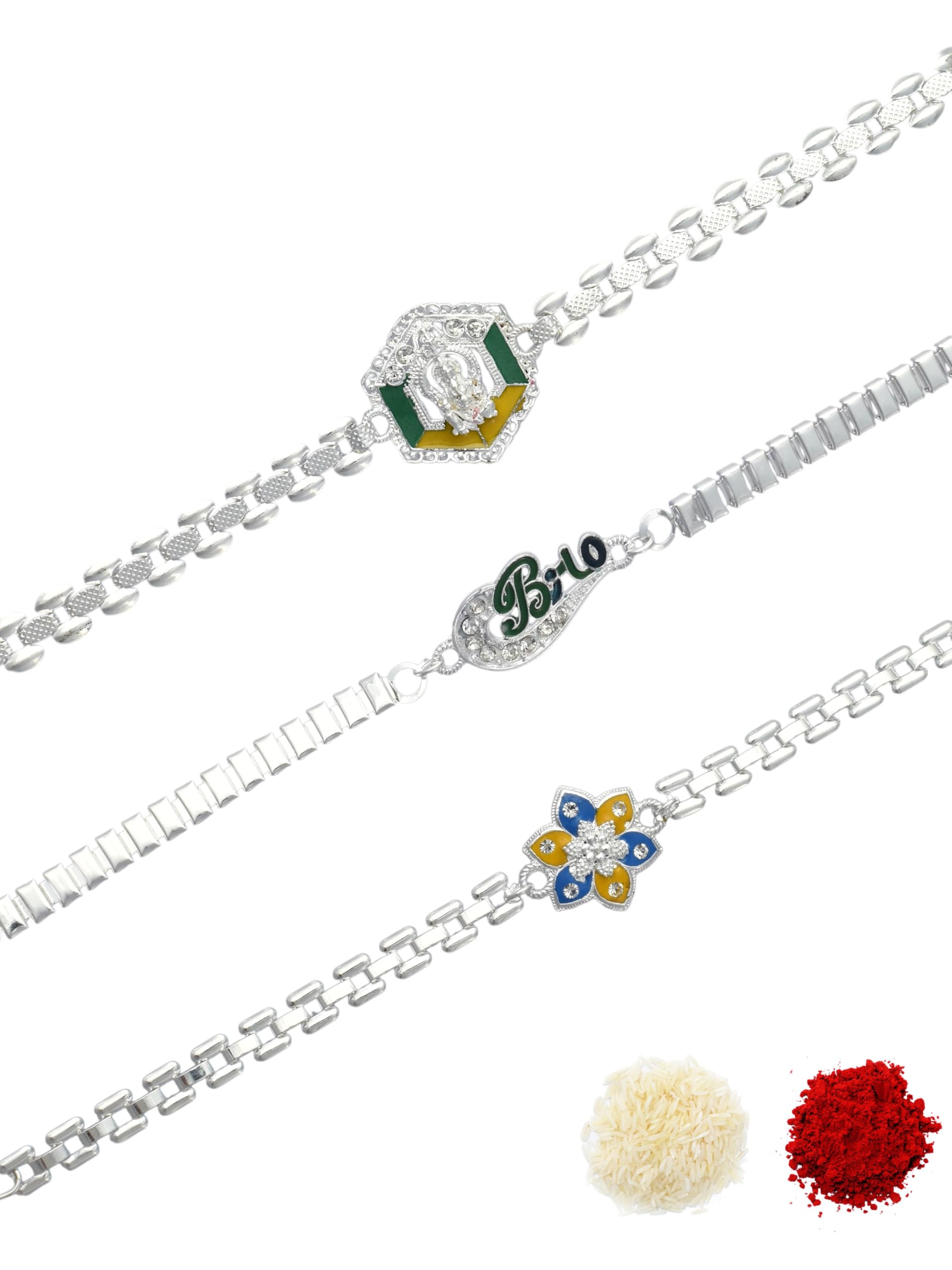 Premium Multi-coloured Minakari Finish Silver-Plated Combo of 3 Bracelet Type Chain Stylish Rakhi for Raksha Bandhan for Brother, Bhai, Bhaiya, with Roli Chawal and Greeting Card-72-image-43