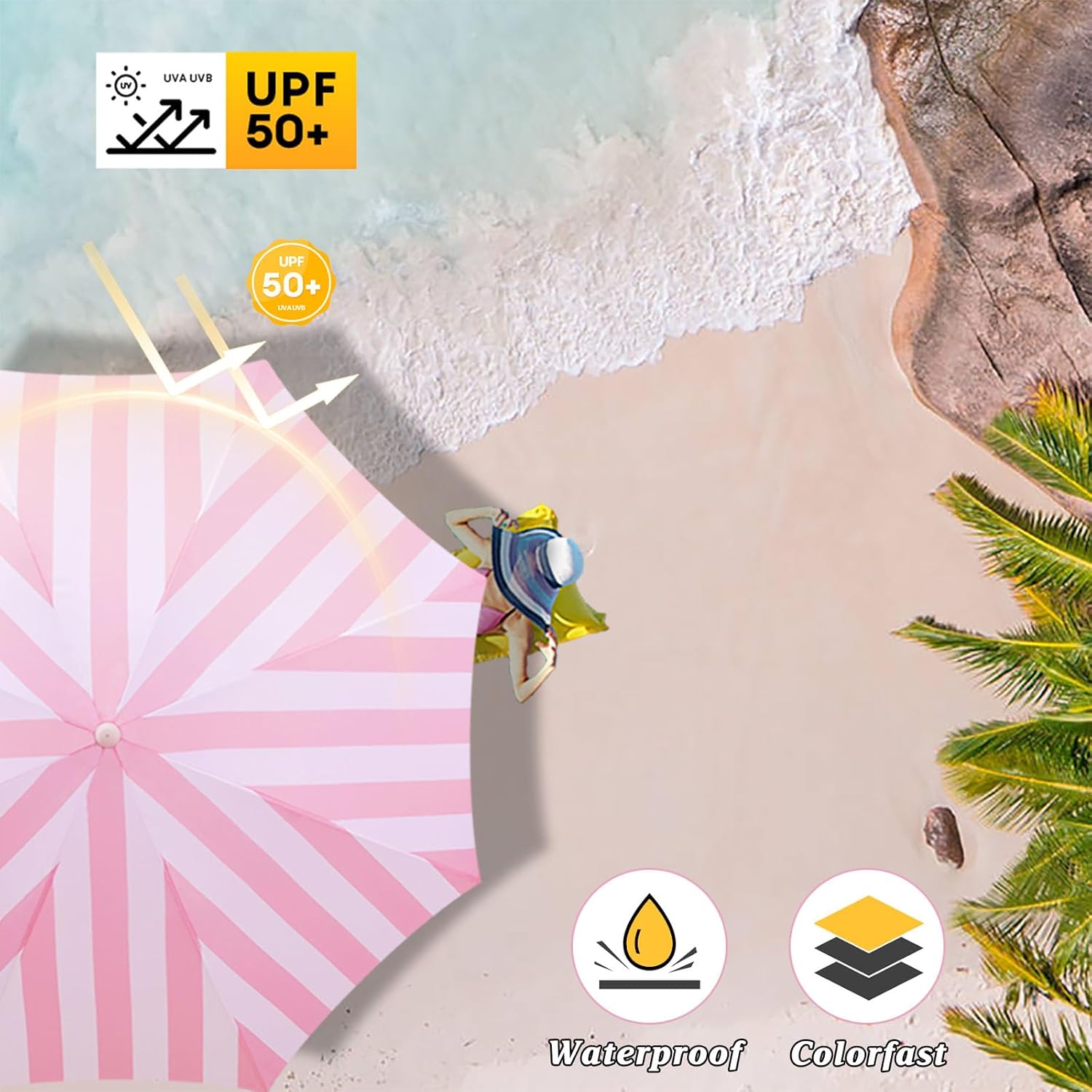 6ft Portable Beach Umbrellas For Sand Pink Striped Boho Fringe Umbrella Outdoor Patio Umbrella Tilt UV Protection Waterproof Pool Umbrella with Storage Bag Backyard Umbrellas For Patios Outside