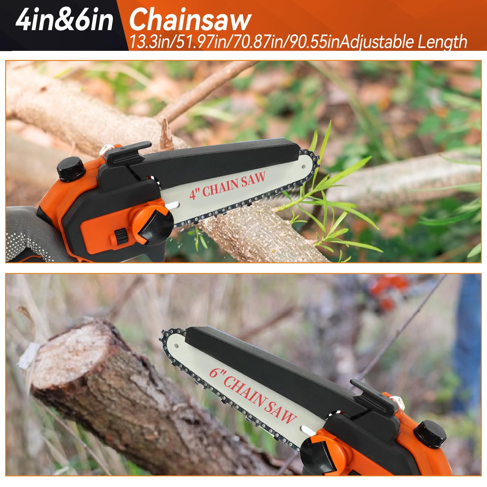 2 en 1 sierra de poste inalámbrico, sierra de rama alta y motosierra portátil con cadenas de 4 y 6 pulgadas 2pcs batería recargable de 21V, alcance de 2.3m para recorte de árboles de jardín (EU)