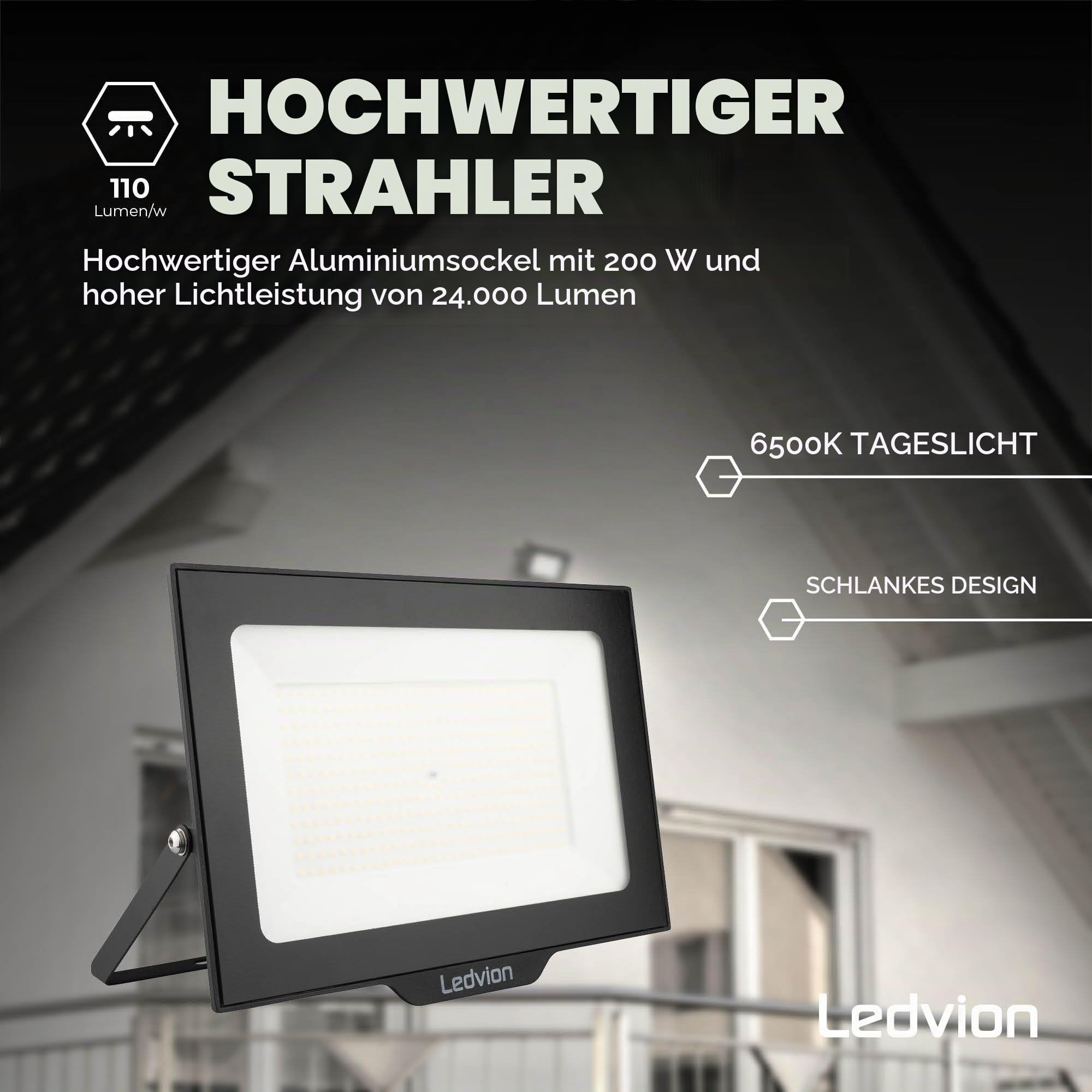 Ledvion LED Strahler, Inkl. 0,5M Kabel, 200 Watt Osram LED Strahler, 6000K Weitstrahl, 24000 Lumen Arbeitslicht, Außen Strahler IP65 wasserdicht, Weitstrahl mit Schnellkupplung