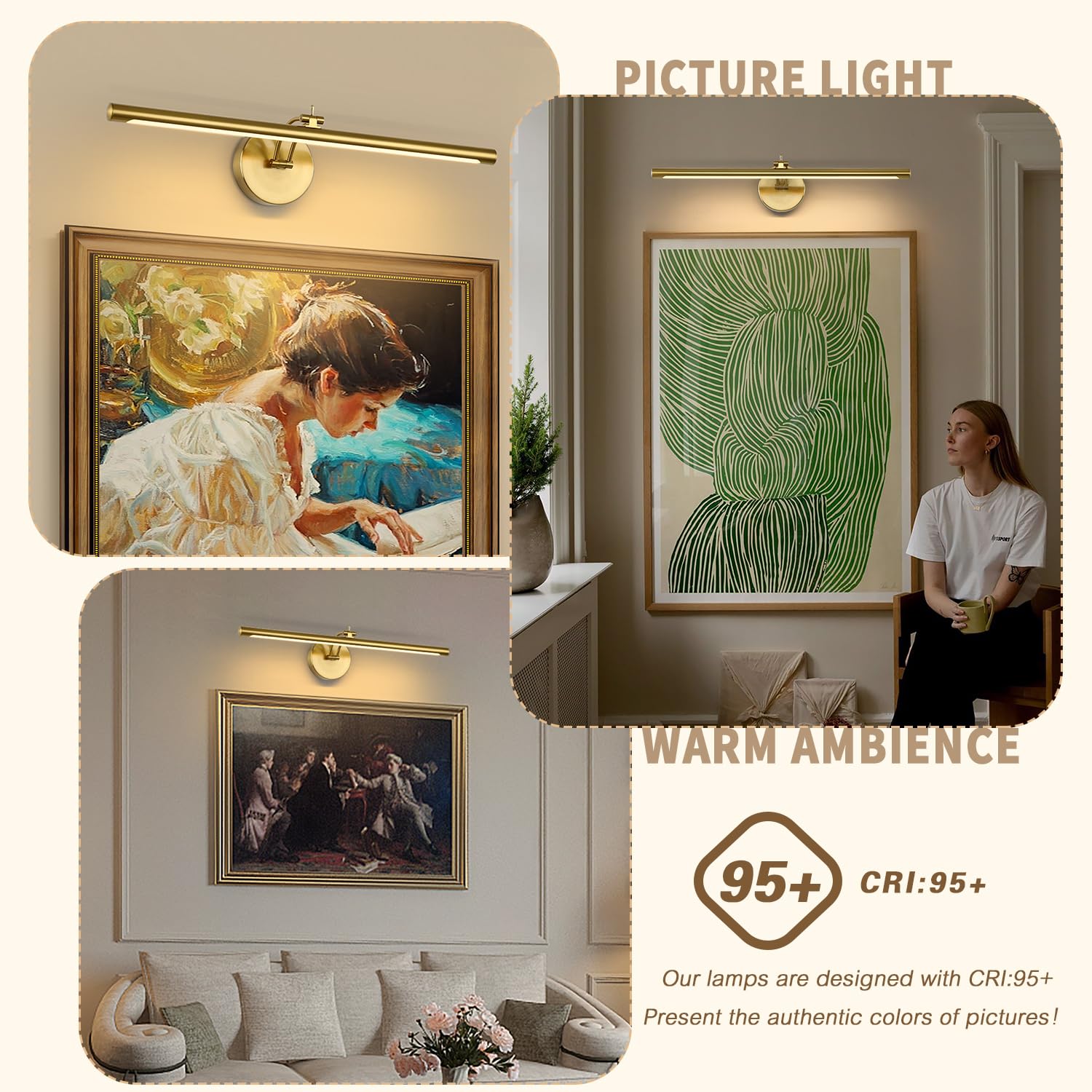 7Degobii Picture Light Dimmable Hard Wired 23.62 Inch Adjustable Swing Arm Brass Wall Lights for Pictures Led Display Light for Artwork 14W Warm White