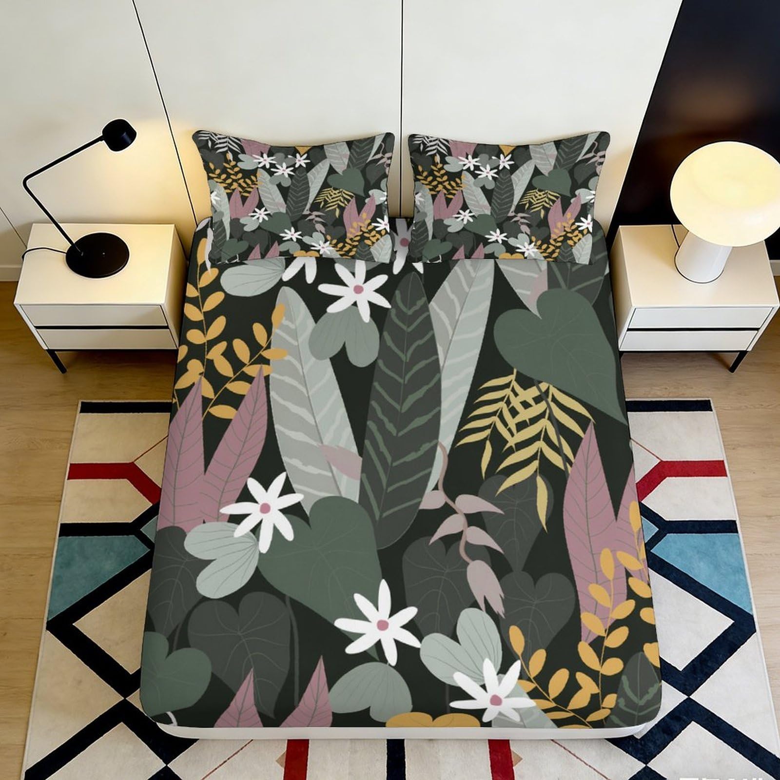 3D Printed Tropical Leaves Fitted Sheet Microfiber Soft Breathable Floral Mattress Cover for Bedroom Dormitory Guest Room Mattress Protection Decor 120x200x25cm