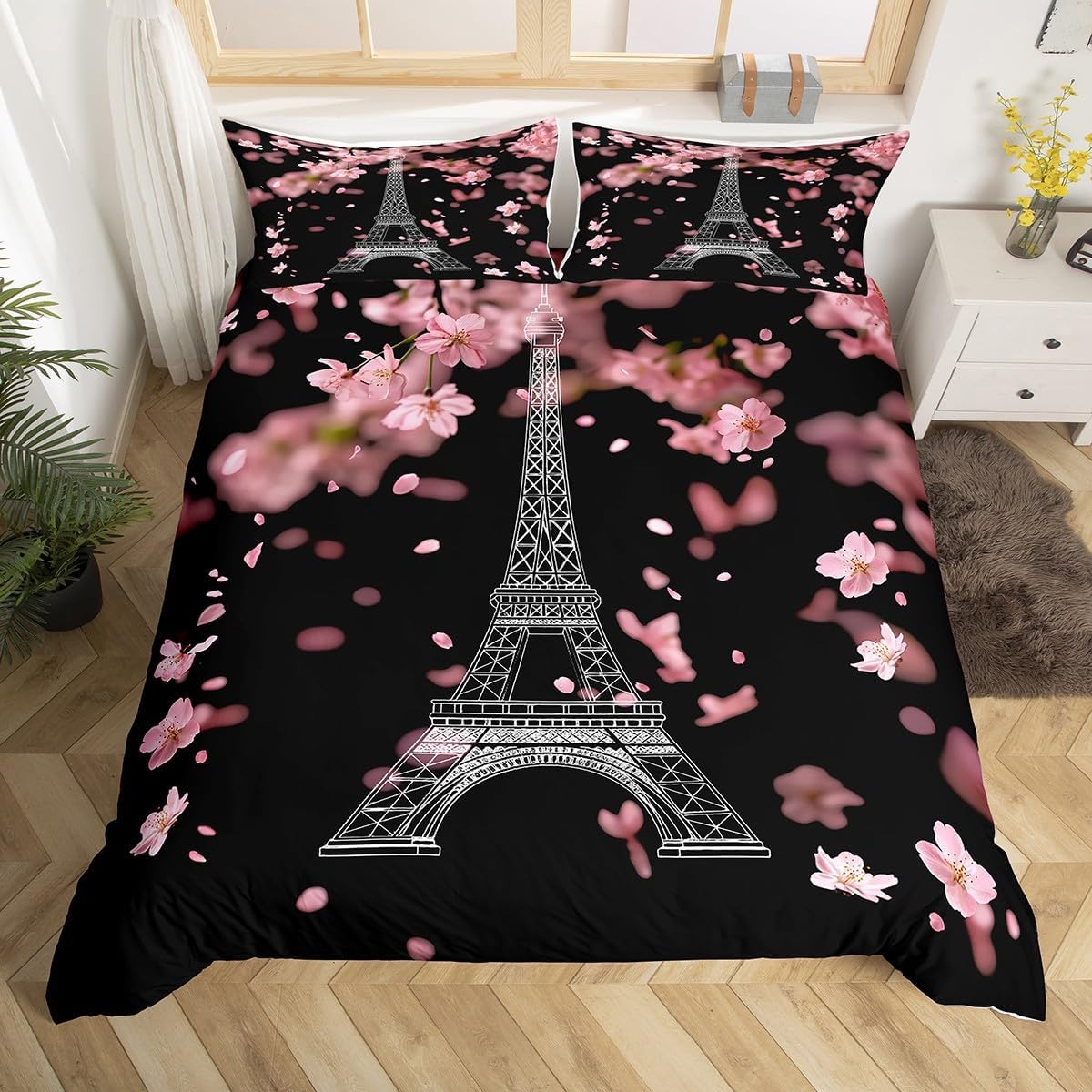 jejeloiu Eiffel Tower Bedding Set Toddler Size Paris Comforter Cover Set for Boys Girls Teens Sakura Duvet Cover Valentines Bedspread Cover Room Decor Black Quilt Cover,No Comforter