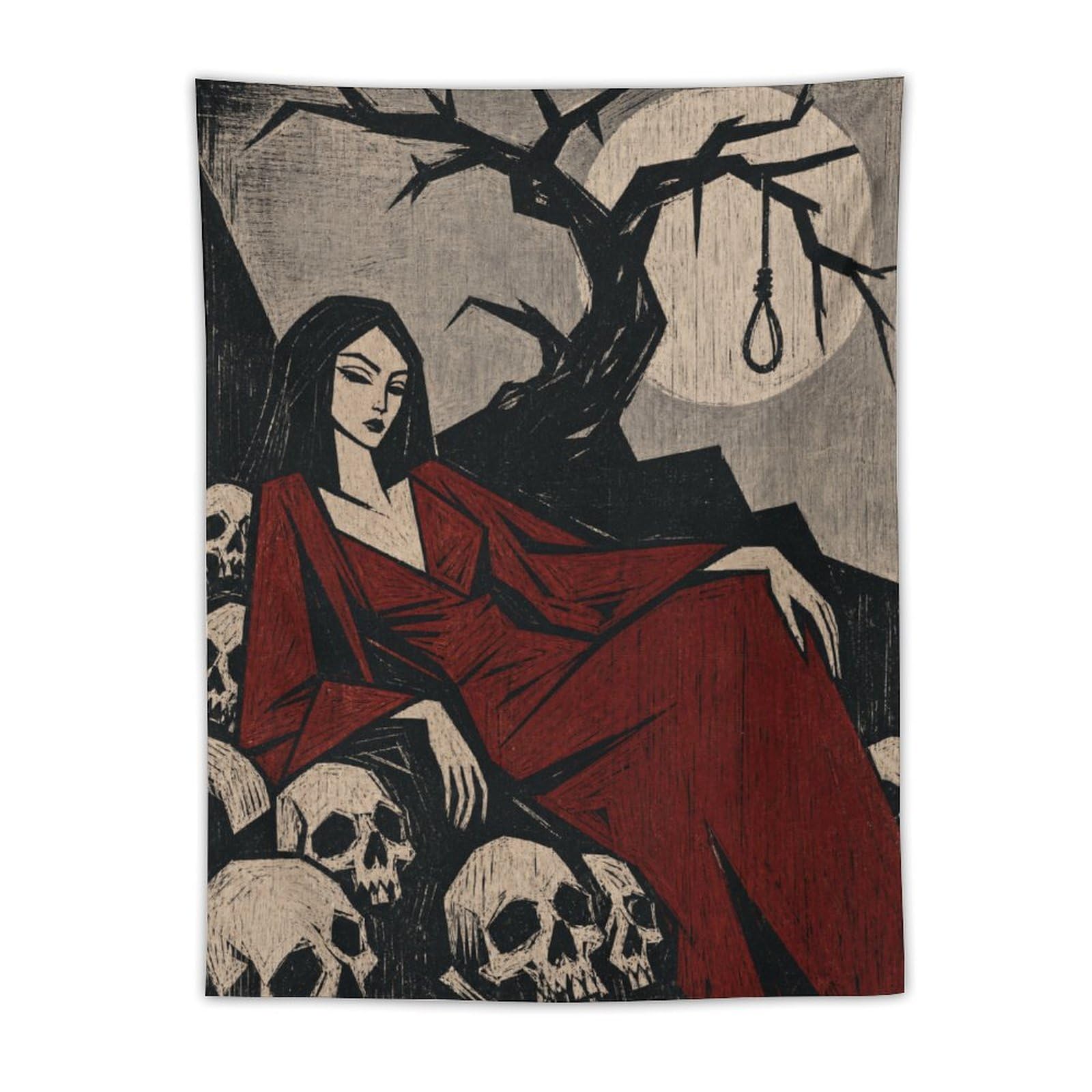 W7C8U2X3 Woman in Red Kimono with Skulls Wall Tapestry, Reading Corner