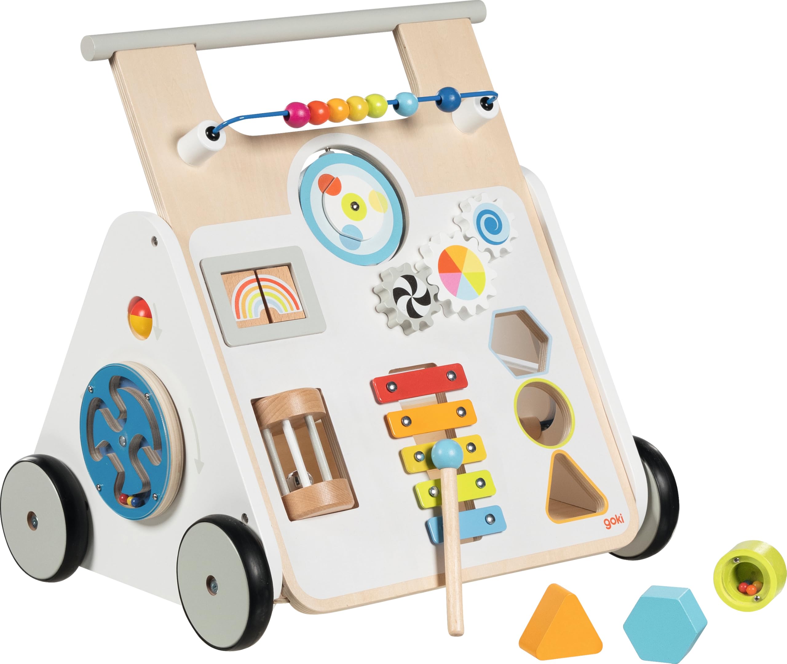 goki 59961 - Lauflernwagen KiddyCruiser aus Holz, Multifunktionale Lauflernhilfe mit Kugellabyrinth, Xylophon, Spiegel, Sortierbox, Drehpuzzle, Bremse und vieles mehr, 33cm x 41cm x 44cm, ab 1 Jahr