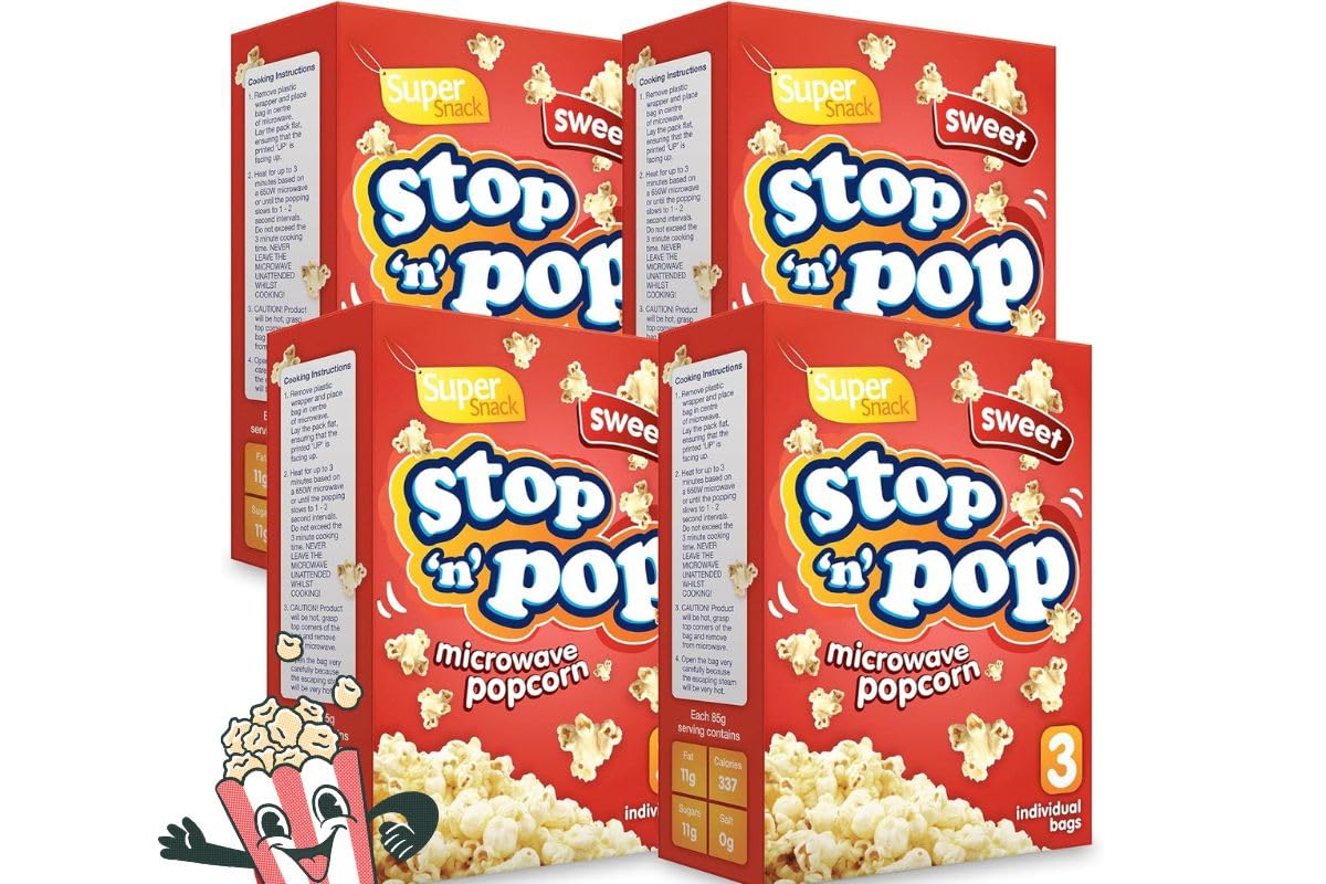 12pk x 85g Microwave Popcorn Sweet Popcorn Flavour | Stop 'n' Pop Cinema style Sweet popcorn Kernels for The Family | Super Snack Sweet Popcorn Microwave