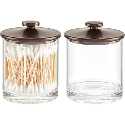 mDesign Small Modern Apothecary Storage Organizer Canister Jars - Acrylic Containers for Bathroom, Organization Holder for Vanity, Counter, Makeup Table, Lumiere Collection, 2 Pack, Clear/Bronze