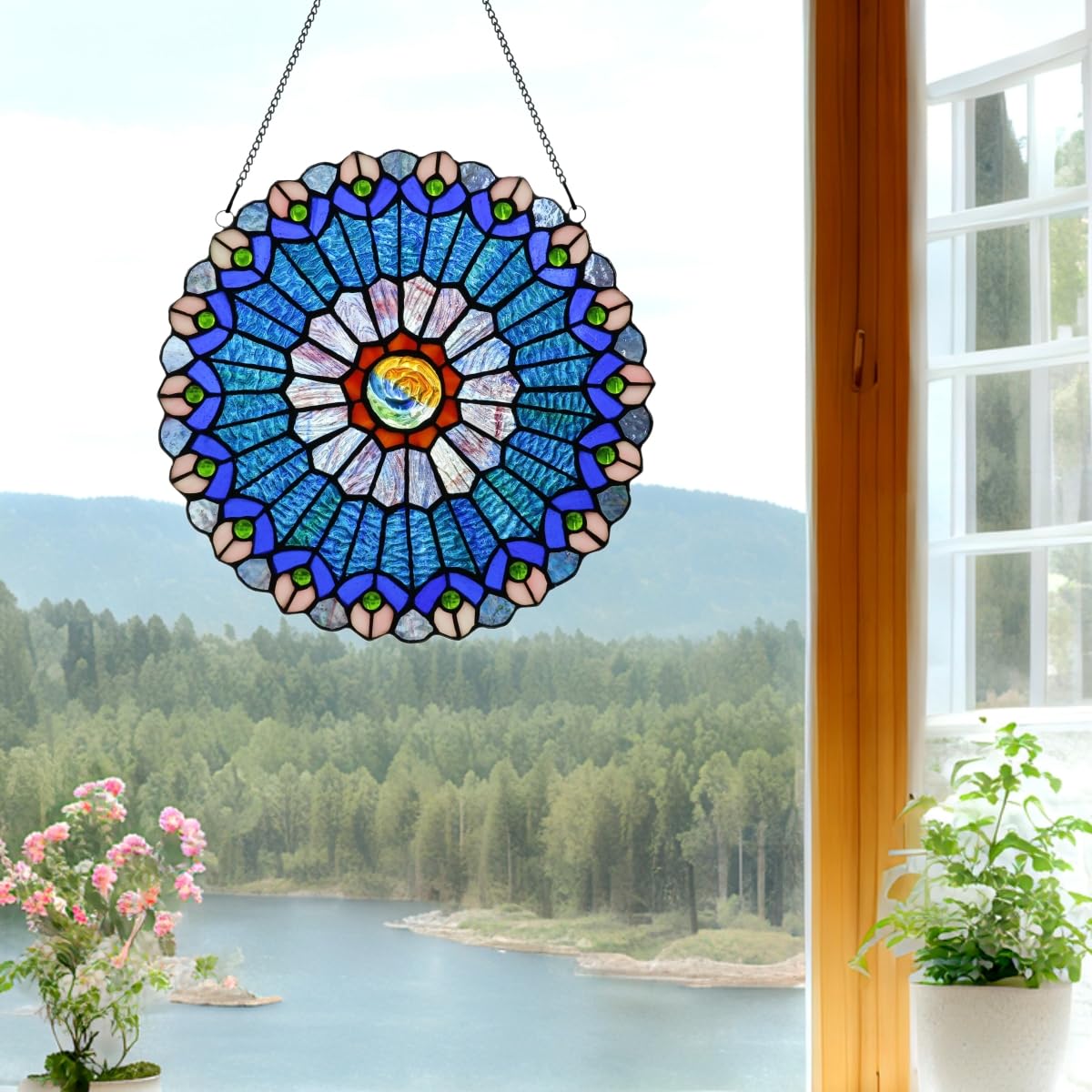 Mini-Fensterbehang im Tiffany-Stil, 30,5 cm, handgefertigt, grüne Blumen-Sonnenfänger für Fenster oder Wand, Blau und Rot