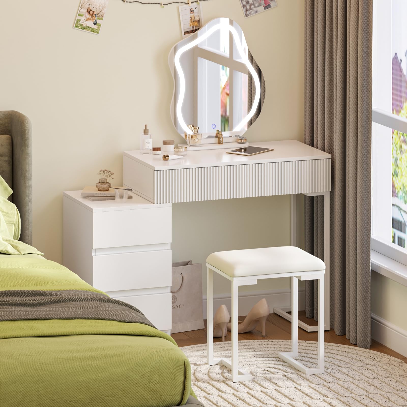 Dressing Table with LED Mirror and Stool, Vanity Desk with 5 Drawers and 3 Adjustable Lights, Bedroom Makeup Desk with Storage Cabinet and Cloud Shaped Mirror