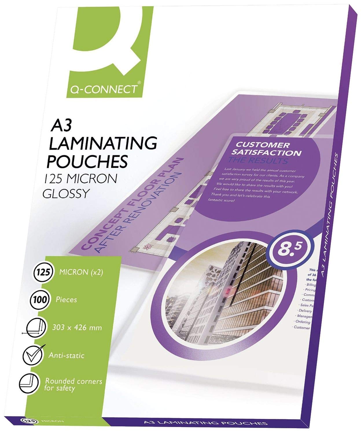 CAJA 100 fundas plastificar A3 ( 303X426MM) Q-CONNECT 125 MICRAS GLOSSY