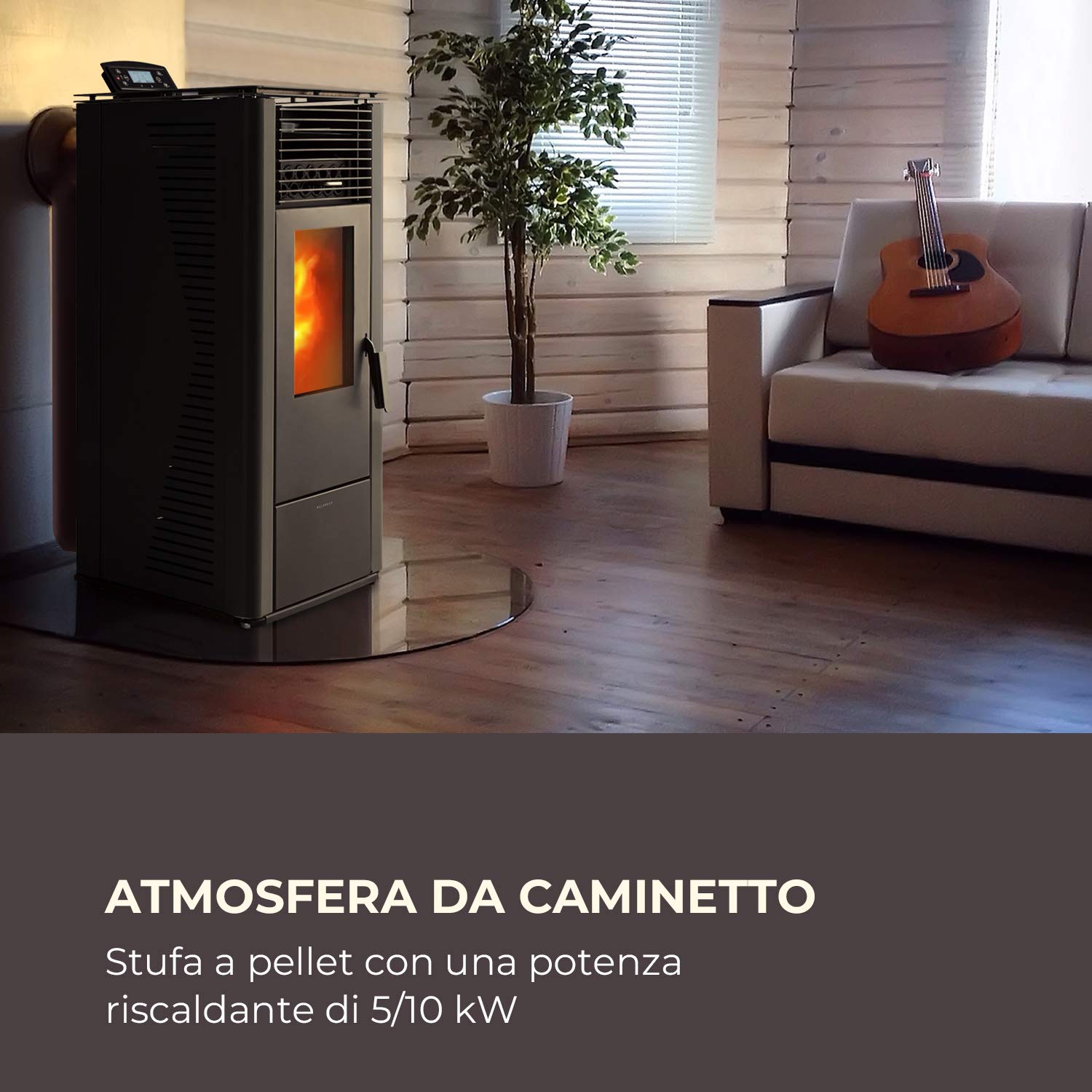 Waldbeck Energiewende - Stufa a Pellet, 5/10 kW, 5 Livelli di Potenza/5 Velocità, Timer, Capacità: 18kg, Consumo: 0,6-2,0 kg/h, per 60-250 m³, Stufe a Pelet, Pannello di Controllo con Display, Nero