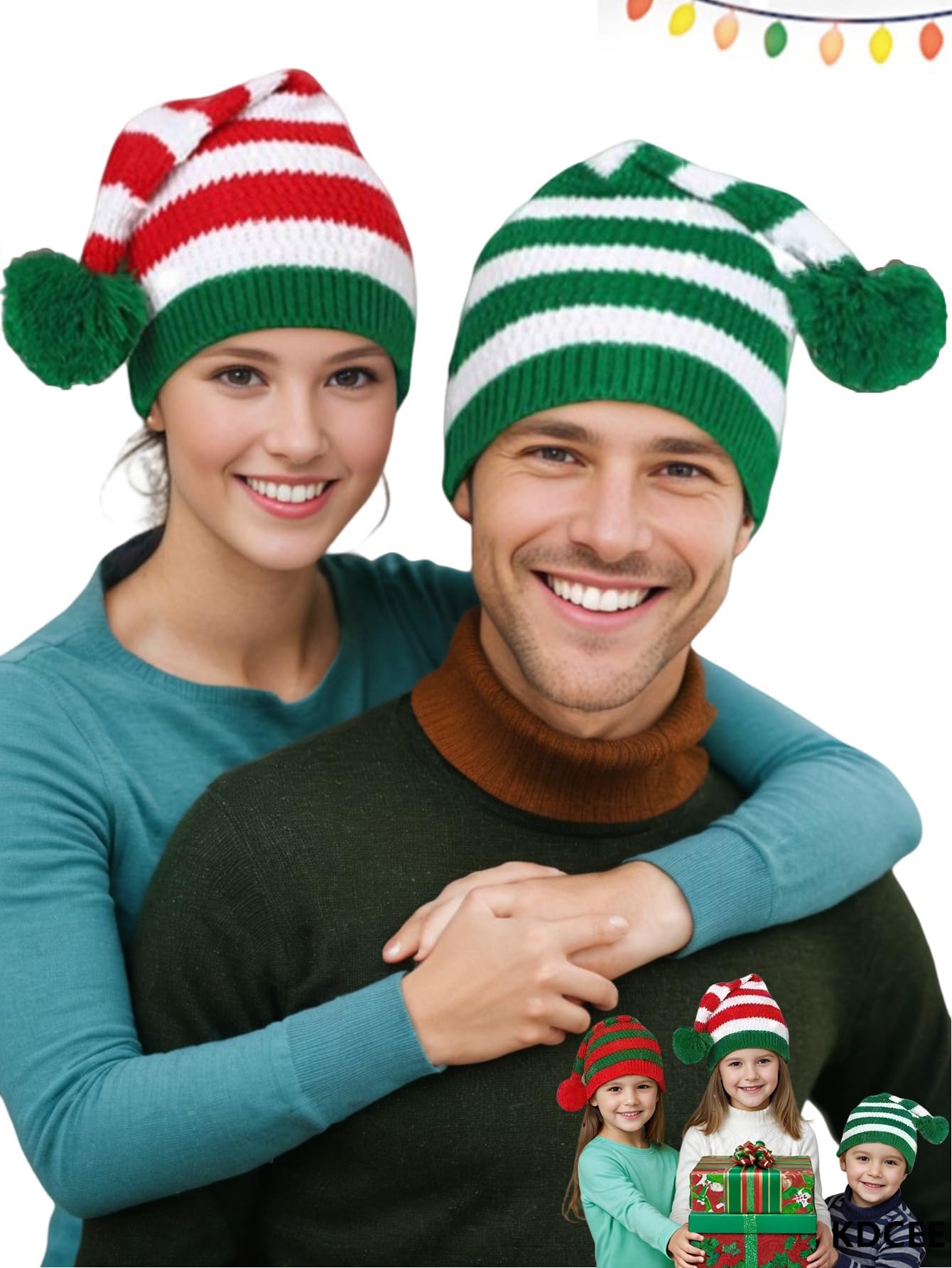 czapka, Czapka świąteczna dla dorosłych, dzianinowa, ciepła, w paski, damska, wygodna, imprezowa, zimowa(Green White)