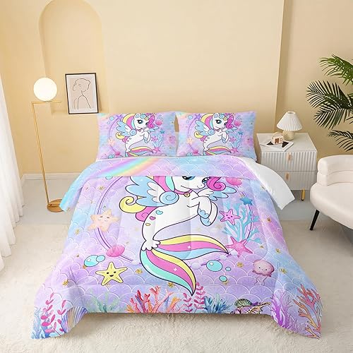 Miniatura 2 de Edredón de unicornio de sirena, tamaño individual, juego de edredón de unicornio para niños, juego de ropa de cama de 3 piezas, edredón impreso con