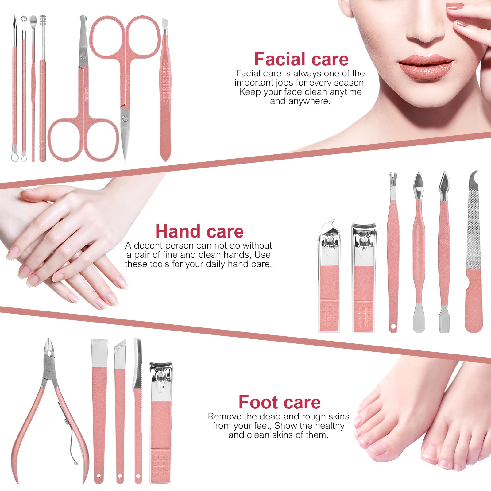 KADS Manicure Set 18 in 1 Professional Pedicure Set Nail Scissors Grooming Clipper Kit with Leather Travel Case Pink - Image 2