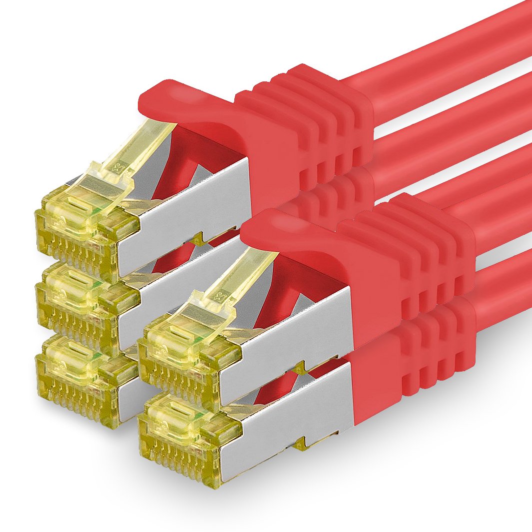 1aTTack.de Cat.7 Patch Cable Set S/FTP (PiMF) Ethernet LAN Network Cables 10 Gigabit/s High Speed 600 MHz with Locking Protection Halogen-Free (LSZH) red - 5 Pieces 2m