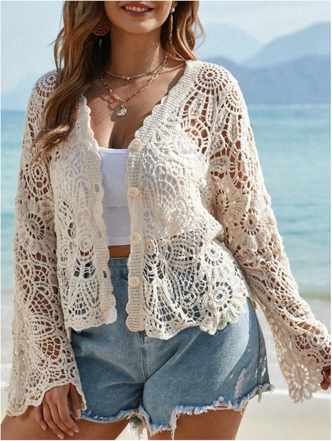 Women's Plus Size Hollow Out Cardigan Button Down Long Sleeve Knit Sweaters Outerwear Casual Knitwear - Image 6