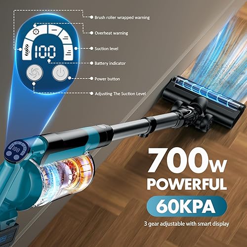 Miniatura 3 de Aspiradoras inalámbricas de 700 W para el hogar con 2 baterías de 8000 mAh, 60 kPa sin escobillas recargable con 3 modos, aspiradora portátil