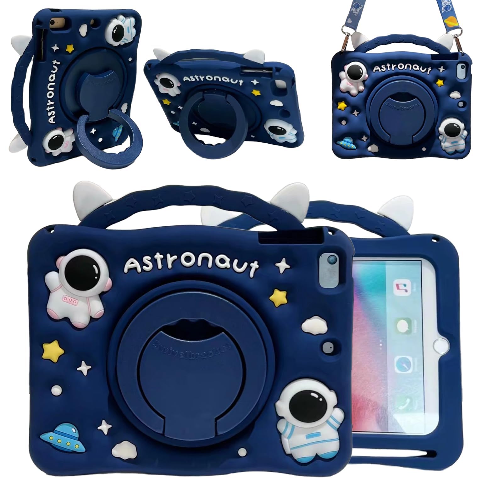 Photo 1 of 3D Cute Press Astronaut Case for Samsung Galaxy Tab A9 8.7 inch 2023/Tab A11 8.7 inch 2025,Kawaii Cartoon Character Space Soft Silicone Rotating Stand Case with Lanyard for Kids Teens Girls Women