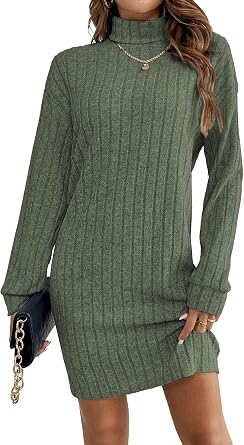 HBQ Womens Pullover Sweater Dress Casual Turtleneck Ribbed Long Lantern Sleeve Mini Knit Dresses 2025 Fashion