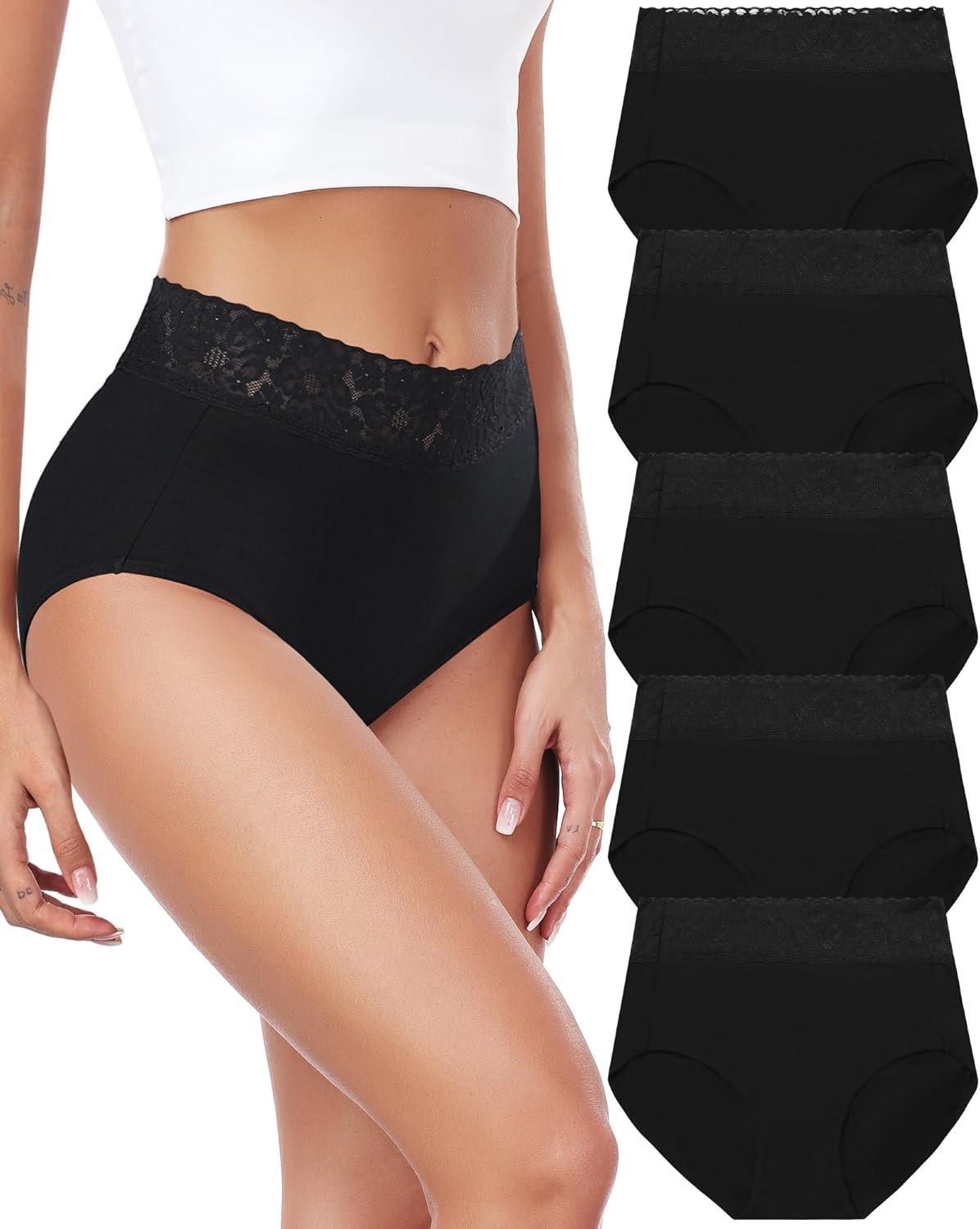 RHYFF Womens Underwear Cotton Lace Panties High Waist Panty Soft Breathable Ladies Hipster Full Coverage Briefs S-3XL