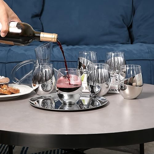Miniatura 7 de MyGift Juego de 6 copas de vino modernas sin tallo, copas de vino blanco o tinto con fondo metálico plateado en ángulo