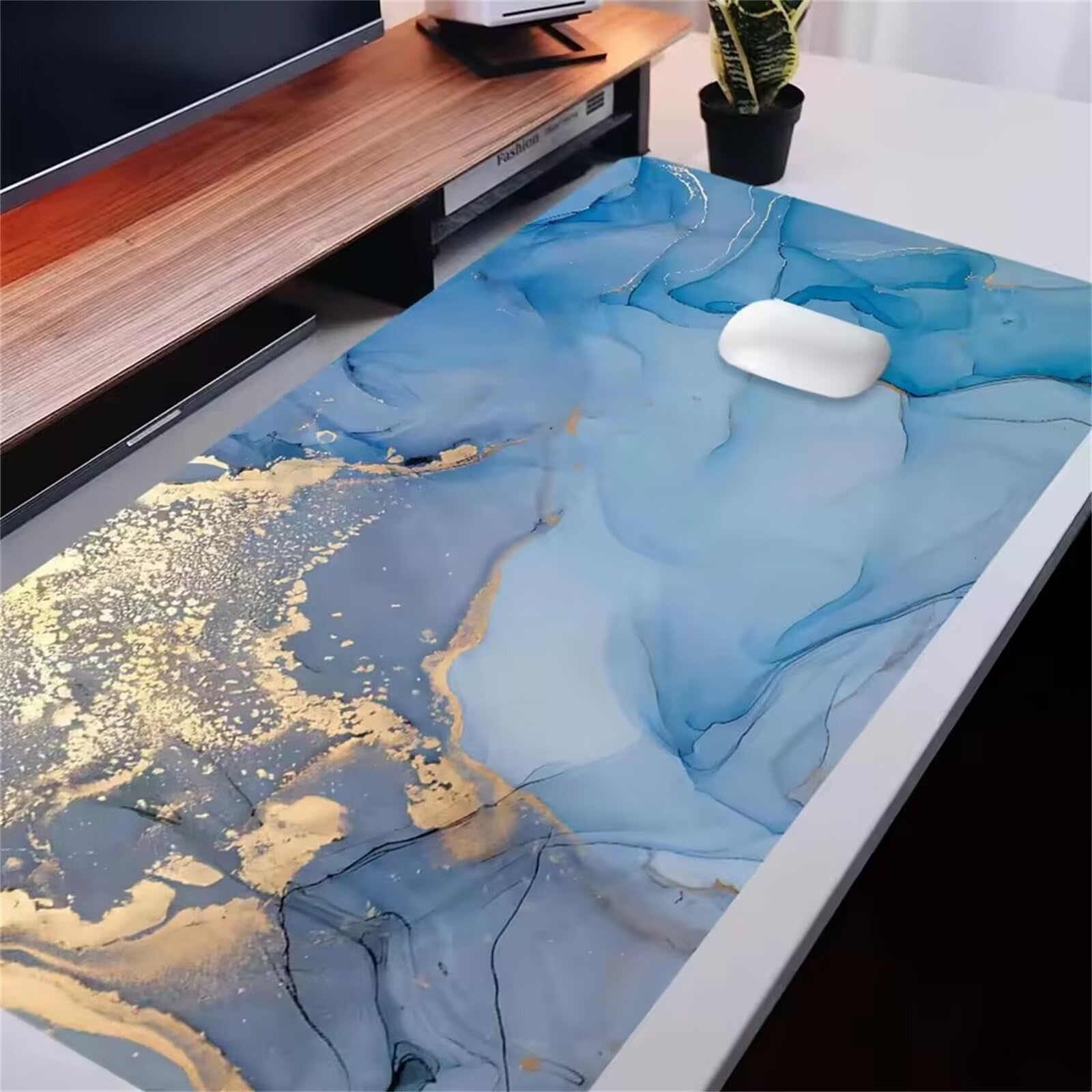 Grand Tapis de Souris de Jeu 1000x500x2 mm Mouse Pad Gaming Marbre Bleu Tapis de Bureau Antidérapant avec Bords Cousus pour Bureau, Études, Gamer