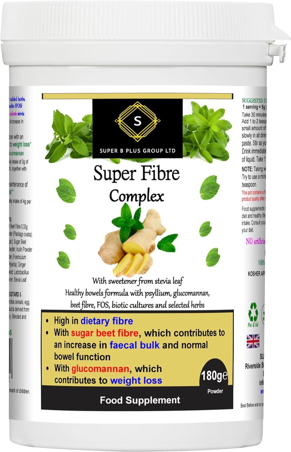 Super Fibre Complex High Fibre Psyllium Husk Glucommanan Sugar Beet Stevia Leaf Weight Loss Slimming Fat Burners Supplement Vegetarian Vegan Gluten Free Dairy Free 180g Powder