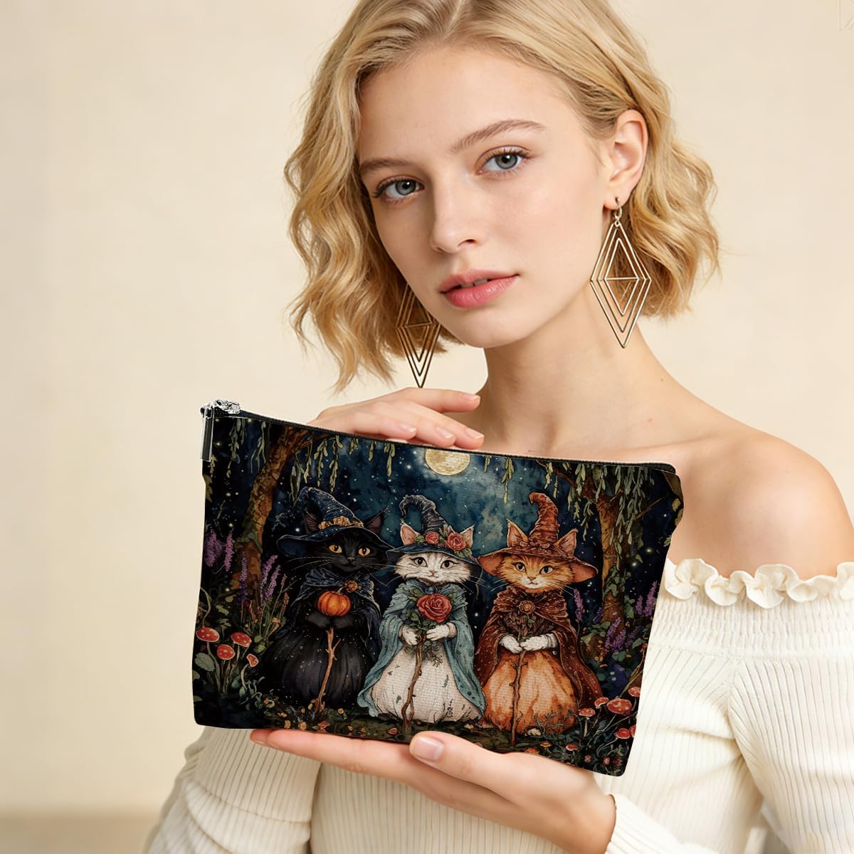 Retro Night Cat Wizard Makeup Bag, Cats Gifts Cosmetic Makeup Pouches with Zipper Travel Office Makeup Cosmetic Bags, Toiletry Organizer Pouch, Cat Lover Gifts for Cats Lovers - Image 4