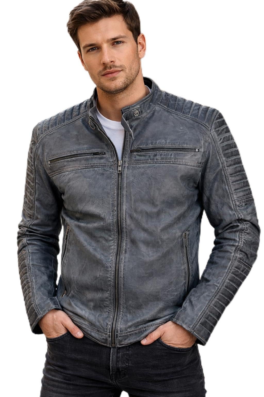 FAPA Giacca in pelle da uomo a maniche lunghe, elegante giacca da motociclista, da uomo con colletto alto, in vera pelle, disponibile in 3 colori