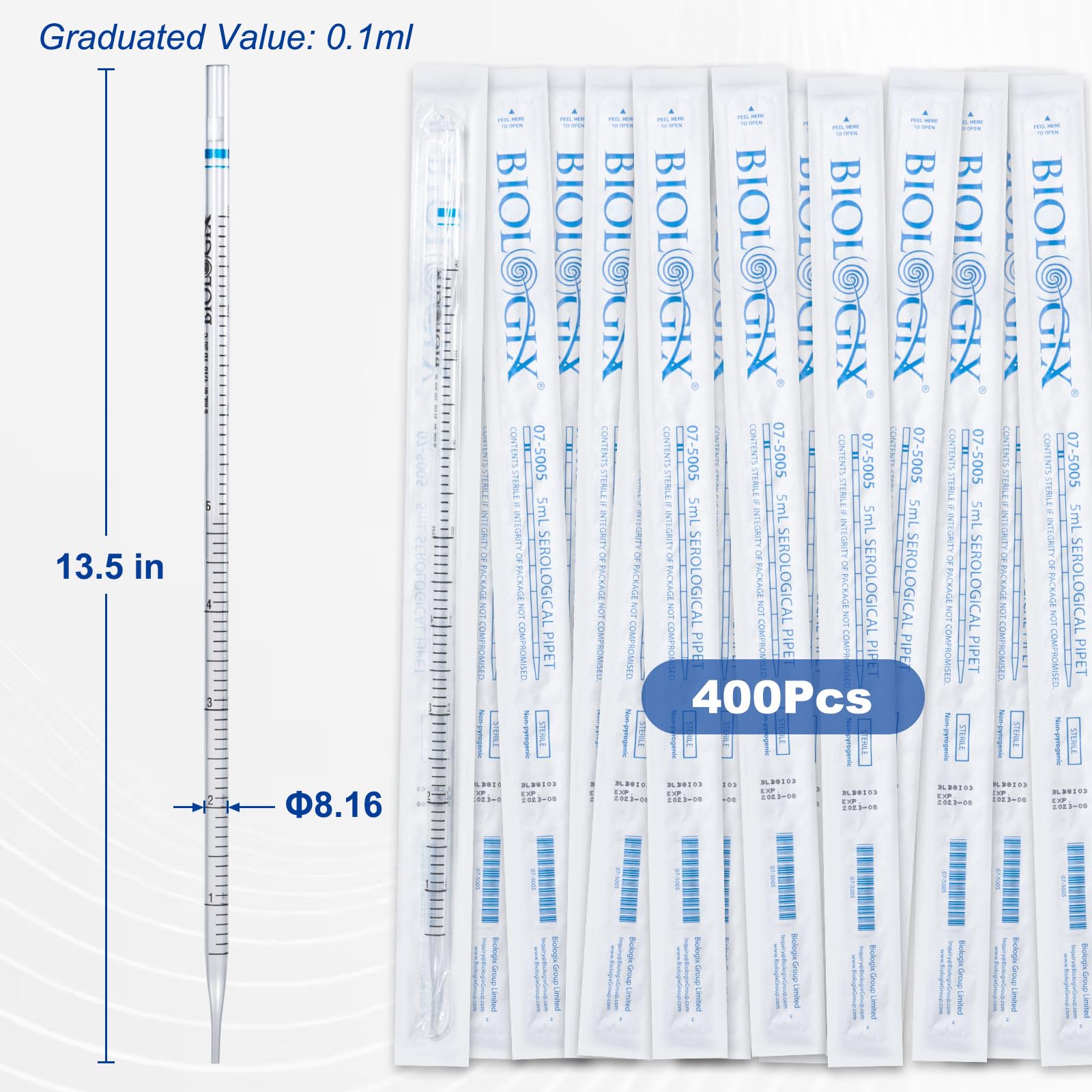 400 pipetas serológicas de poliestireno de 5 ml, estériles, transparentes, embalaje independiente