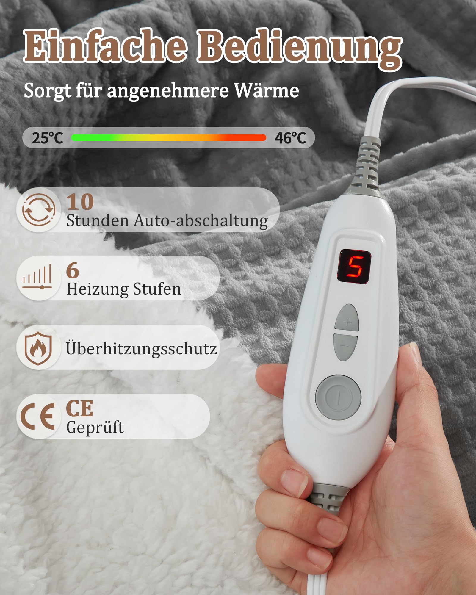 Garvee Elektrische Heizdecke aus Flanell – 6 Heizstufen, Abschaltautomatik & Überhitzungsschutz, 10h Timer, waschbar – Kuschlige Wärmedecke für Erwachsene – Grau, 180x130cm, EU-Stecker