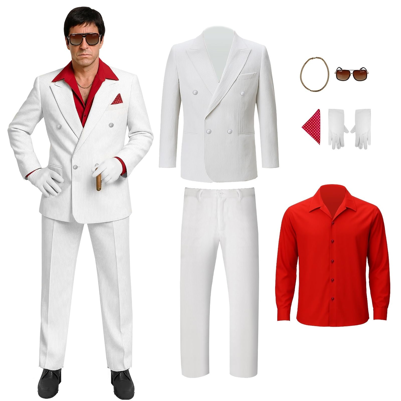Men White Gangster Suit Costume Shirt Jacket Pants Halloween Cosplay Outfit with Glasses Gloves Necklace