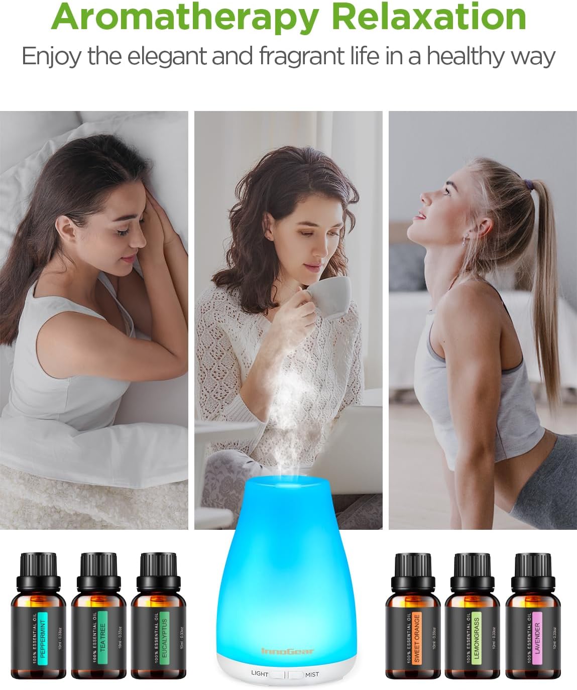 InnoGear Essential Oil Diffuser with Oils, 100ml Aromatherapy Diffuser with 6 Essential Oils Set, Aroma Cool Mist Humidifier Gift Set, White