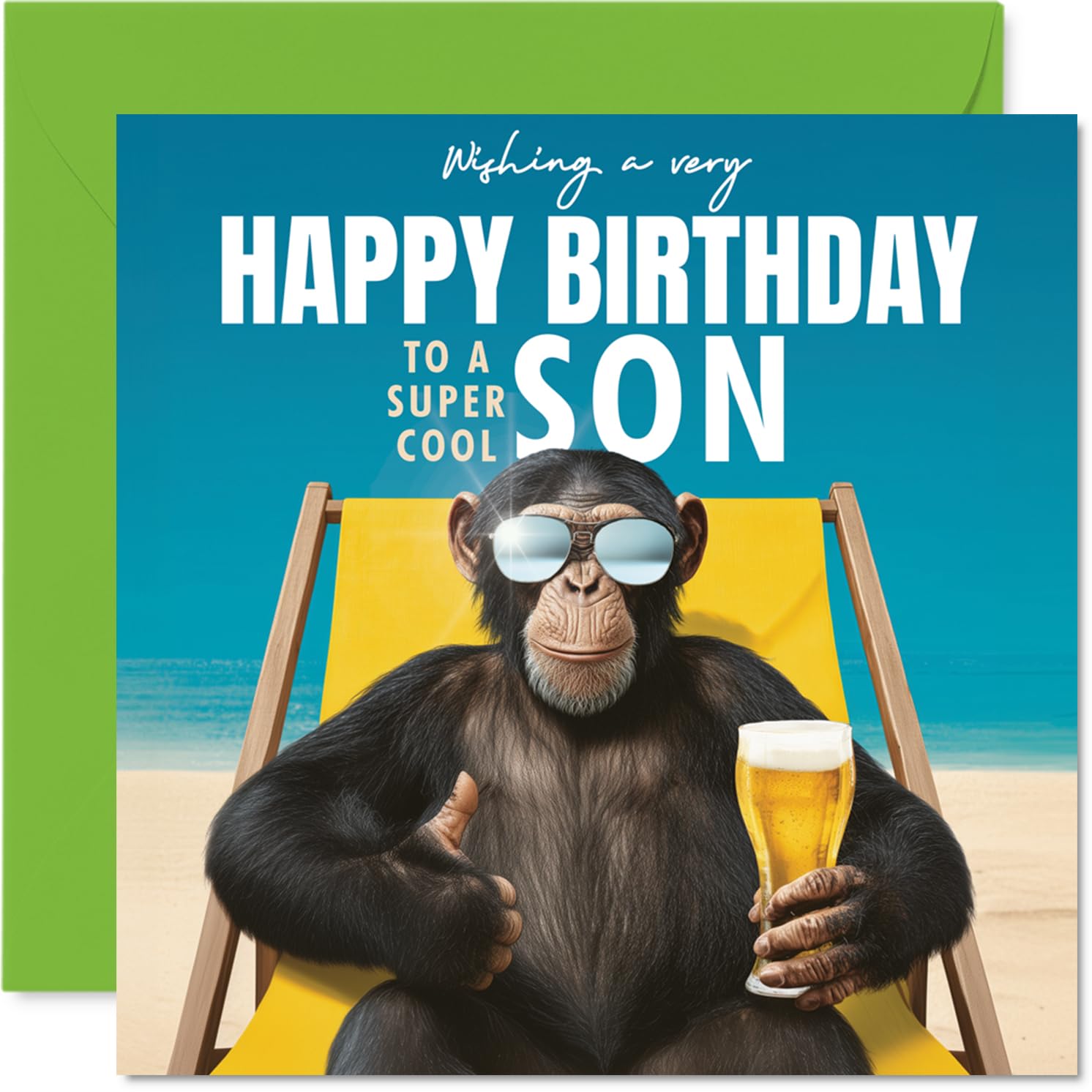 Son Birthday Card - Relaxing Chimp on Beach - Happy Birthday Card for Son from Dad Mum, 145mm playful animal illustration Bday Greeting Cards