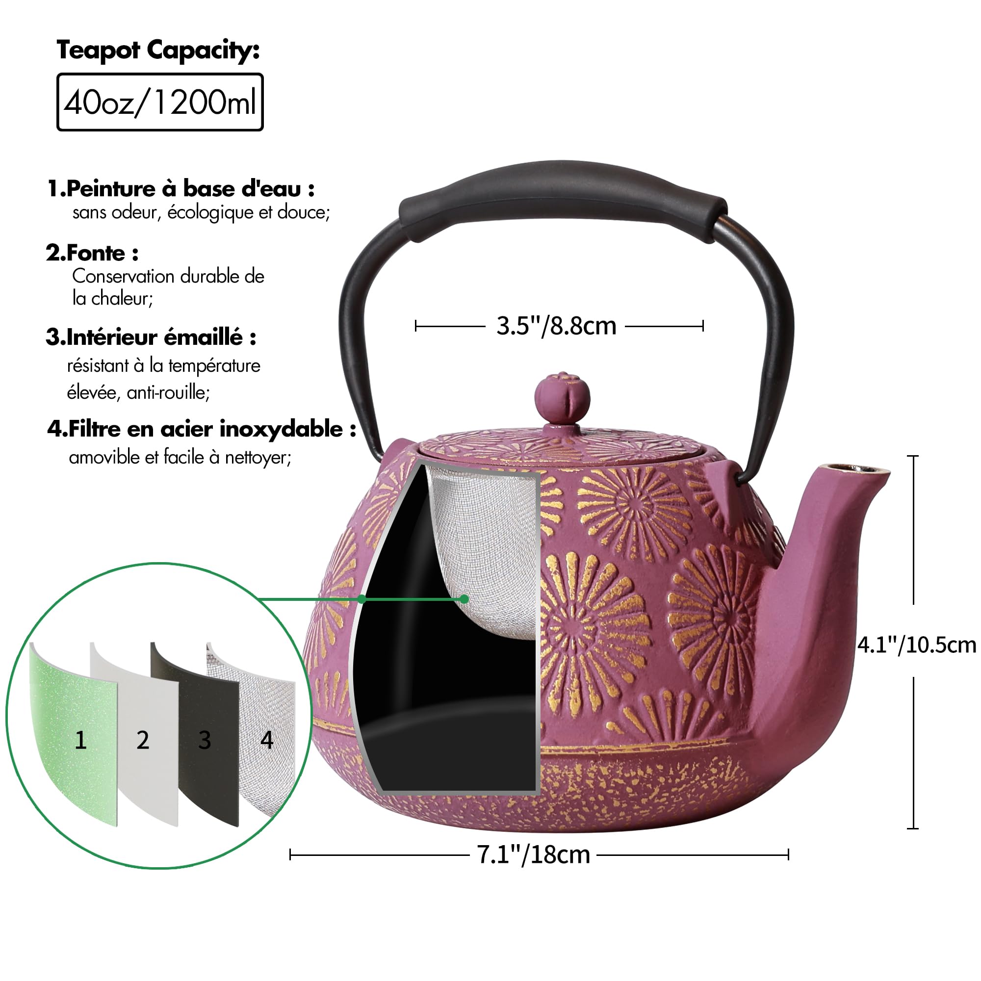Théière en fonte, Grande capacité de 1200 ml avec infuseur pour cuisinière, Design Sakura japonais pour thé en feuilles avec intérieur émaillé, Poignée en silicone 40 oz Violet