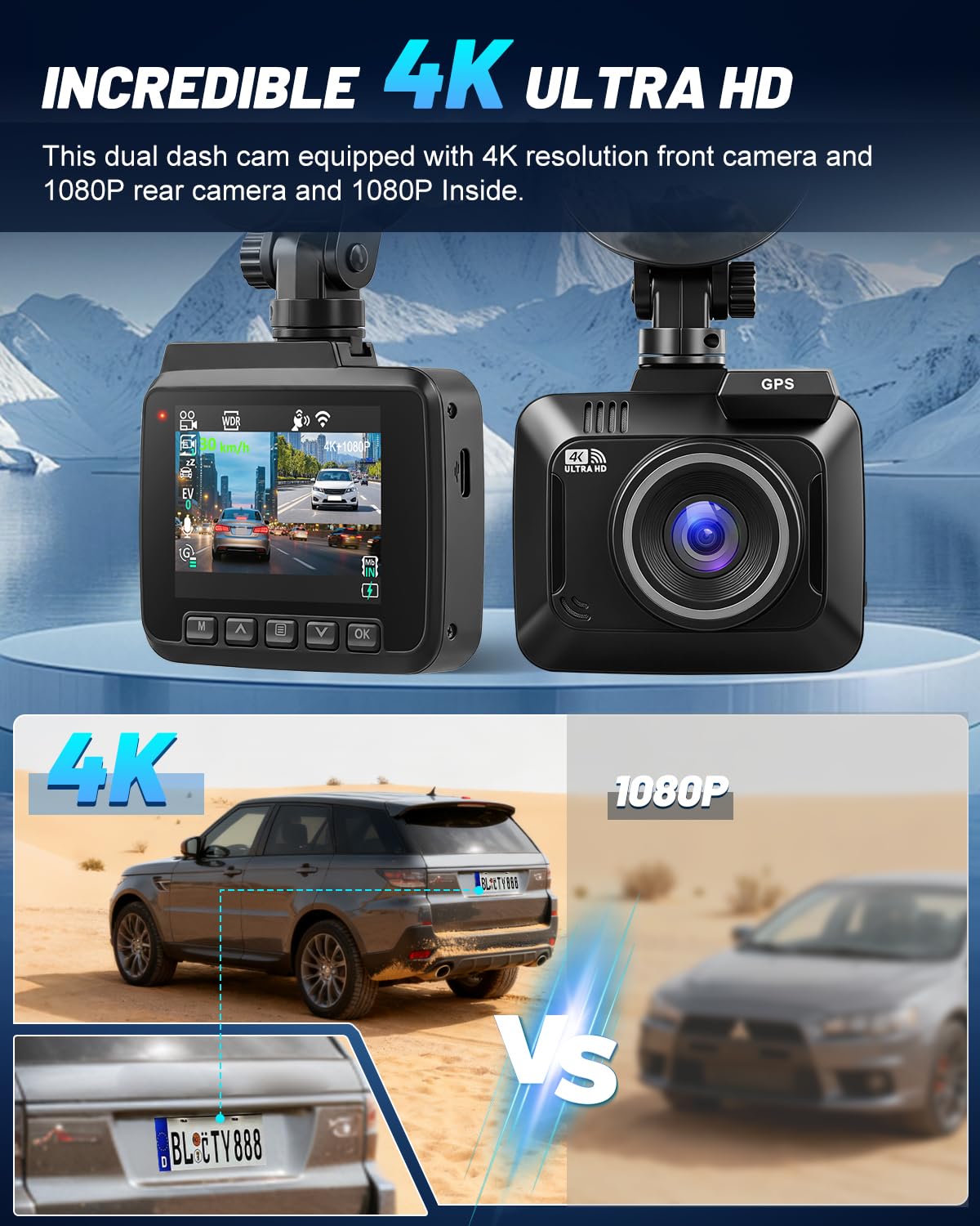 NHOPEEW Dashcam 4K para Coche con WiFi, GPS y G-Sensor | Cámara Trasera 1080P, Grabación en Bucle, Visión Nocturna, Monitor de Aparcamiento 24H, Pantalla de 2,4"