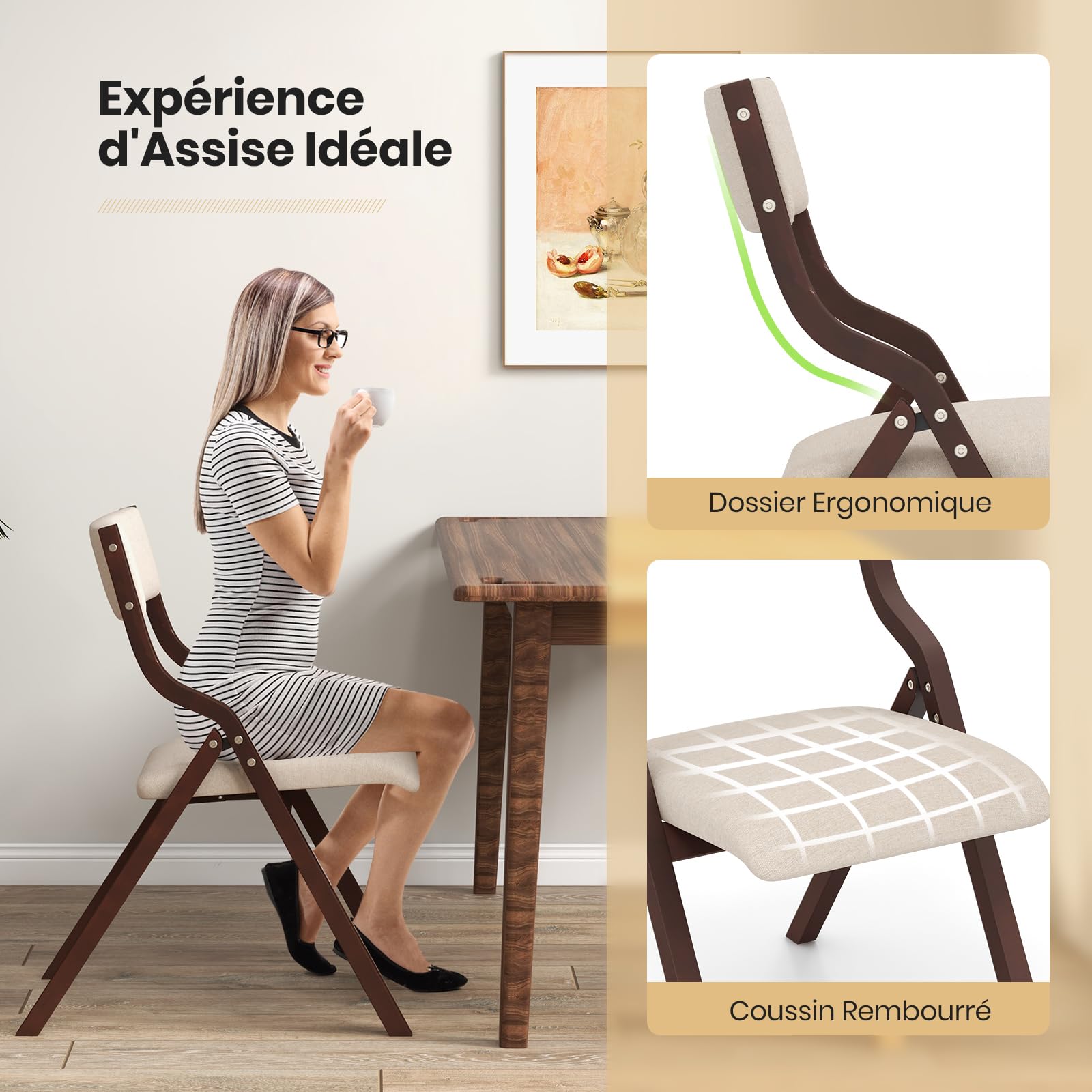 RELAX4LIFE Lot de 2 Chaise Pliante Bois, Chaise Pliable Salle a Manger avec Siège Rembourré, Cadre Courbé, Housse en Lin, Peu Encombrante, pour Cuisine, Salle à Manger, Bureau (Noyer,1)