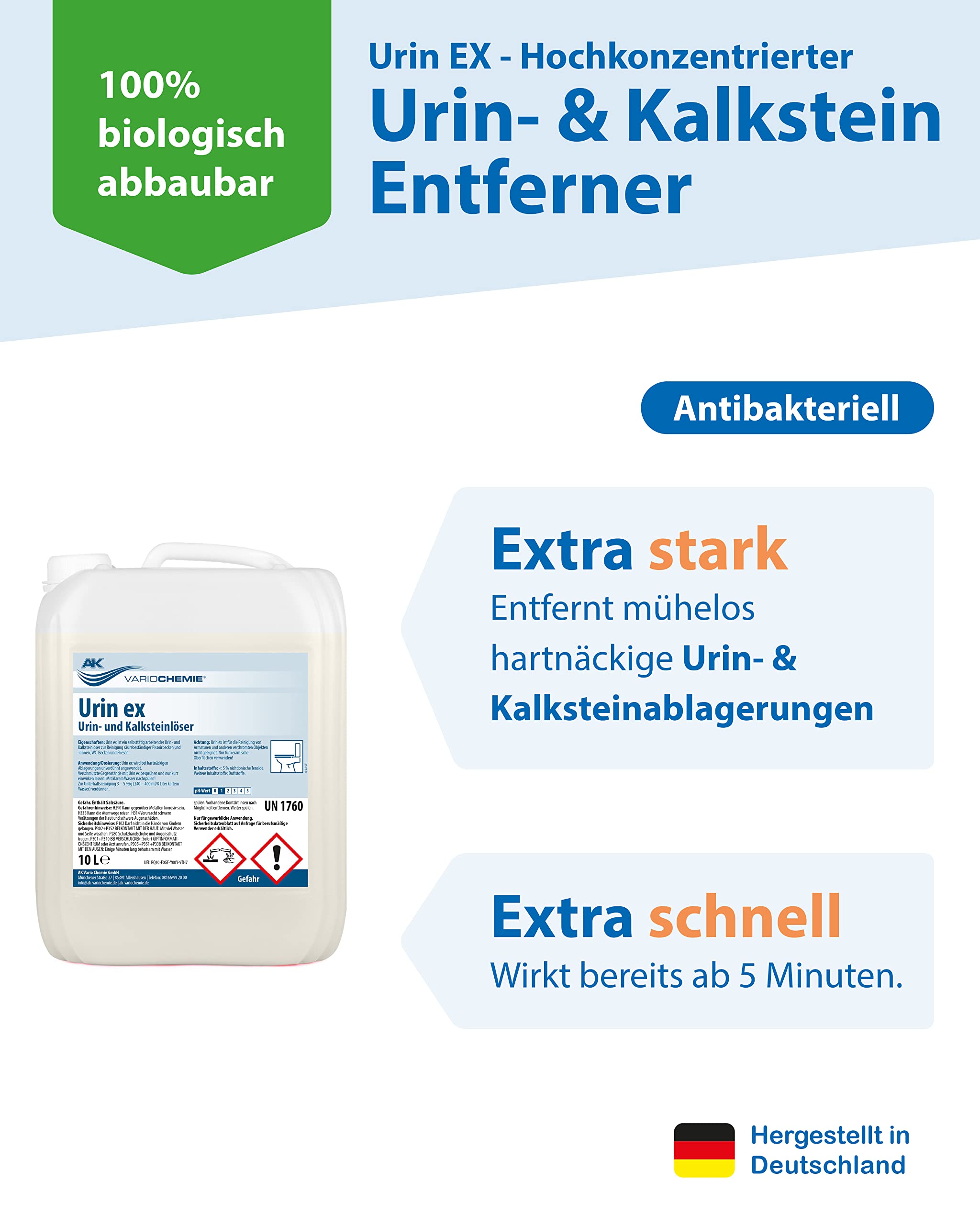 Urinsteinentferner EXTRA STARK - Urin EX 10L - Urin- & Kalksteinlöser - biologisch abbaubar - echtes Profiprodukt - WC-Reiniger antibakteriell und gegen Gerüche - AK VARIOCHEMIE, Made in Germany