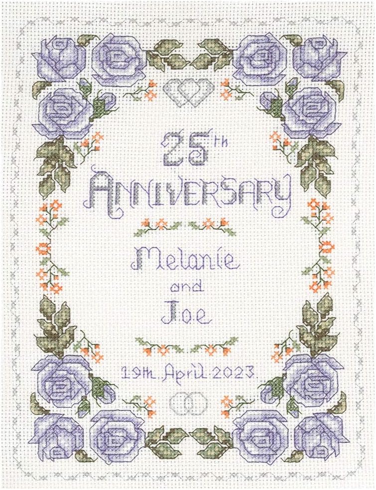 Roses Silver Wedding Anniversary Sampler - Complete Cross Stitch kit on 14 aida with Clear Colour Chart