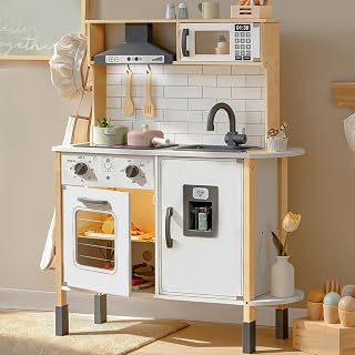 TinyLand Wooden Play Kitchen for Toddlers - Pretend Chef Playset with Lights, Sounds, Adjustable Height & 18pc Accessories